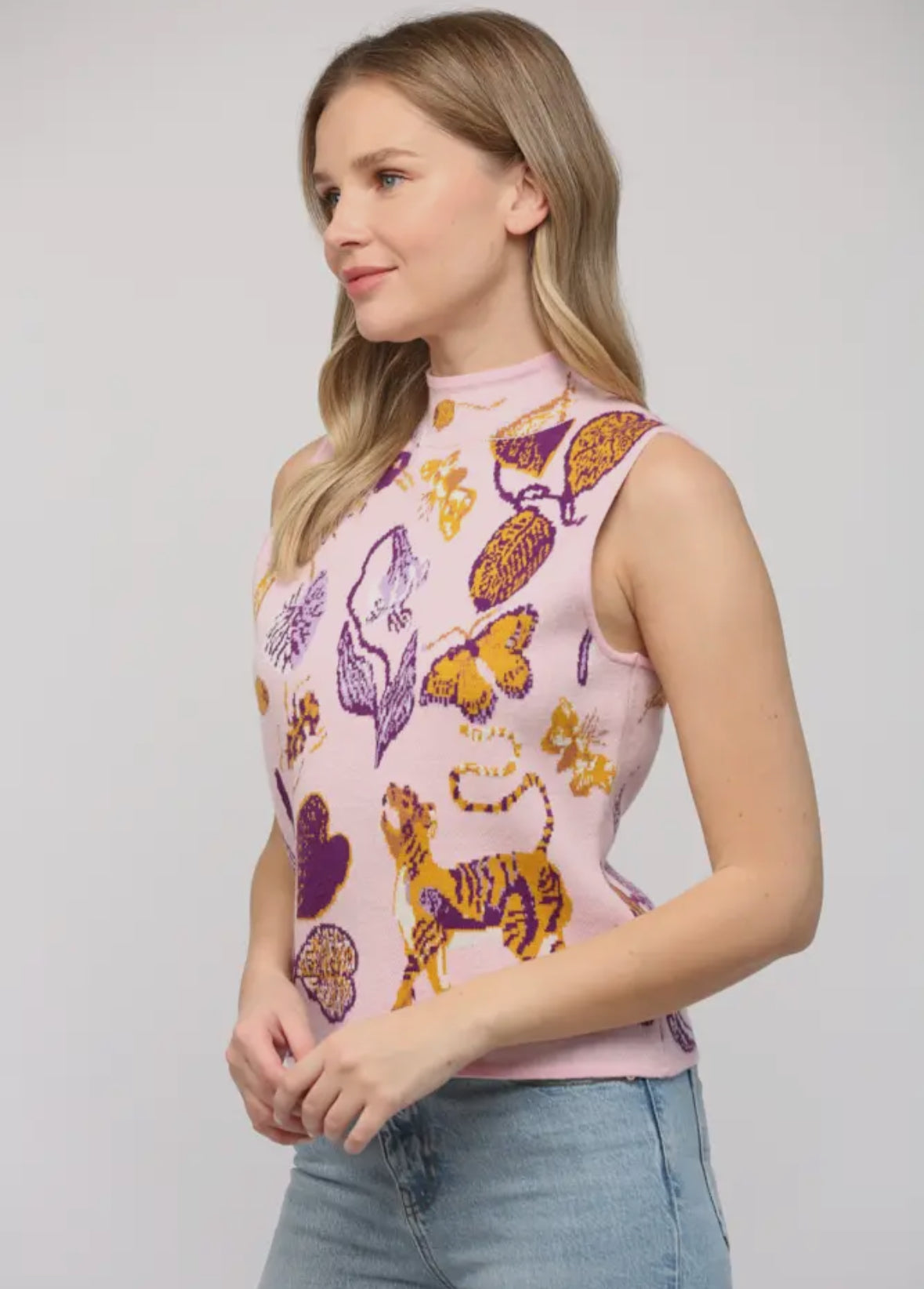 Jacquard Mock Neck Sleeveless Sweater Top