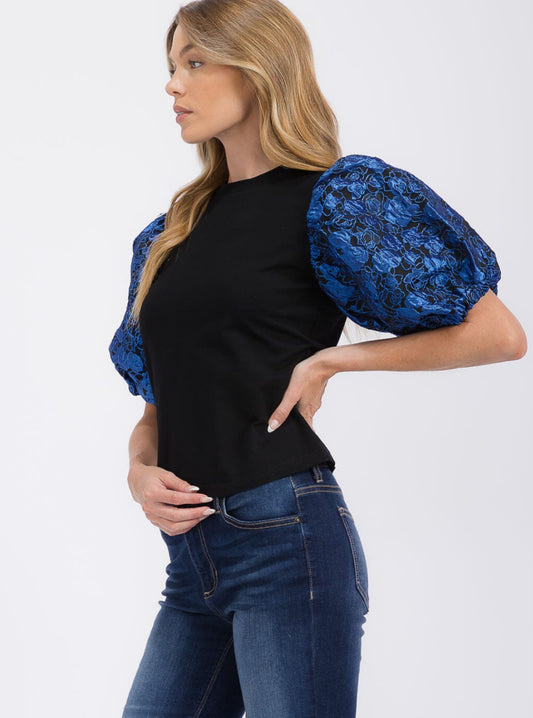 Blue Floral Puff Sleeve Blouse