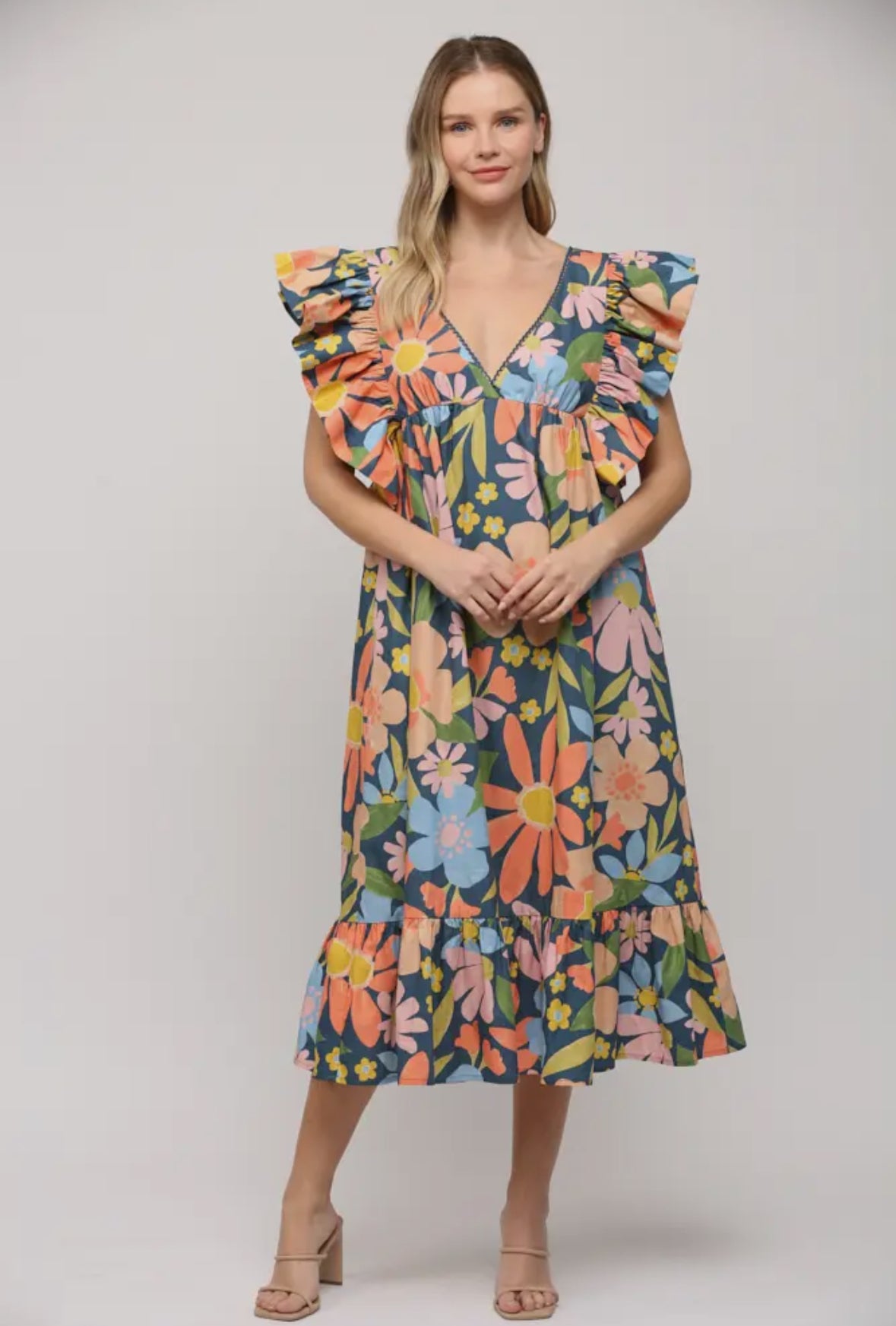 Floral Ruffle Sleeve Tie Back Dress