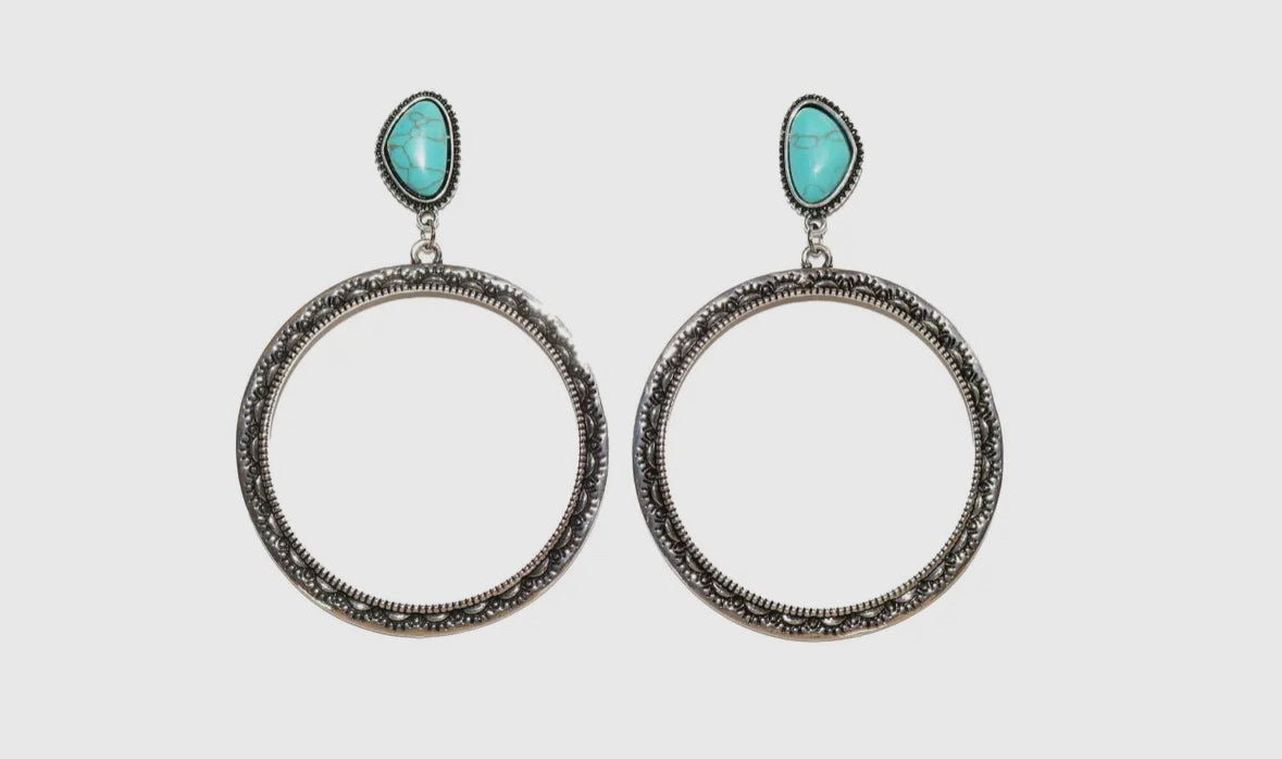 Turquoise Post Silver Stamped Hoops