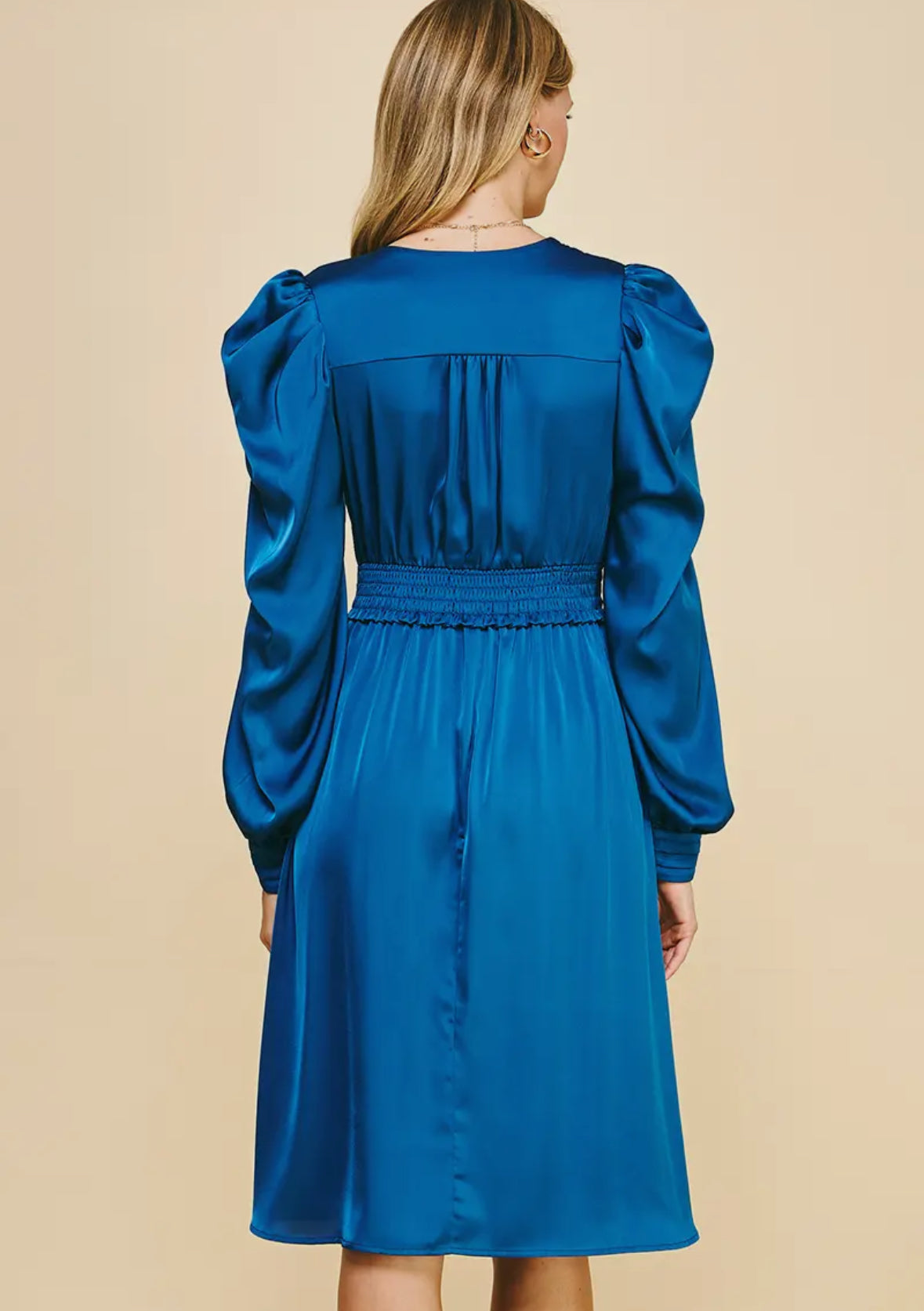 Blue Long Sleeve Satin Midi Dress