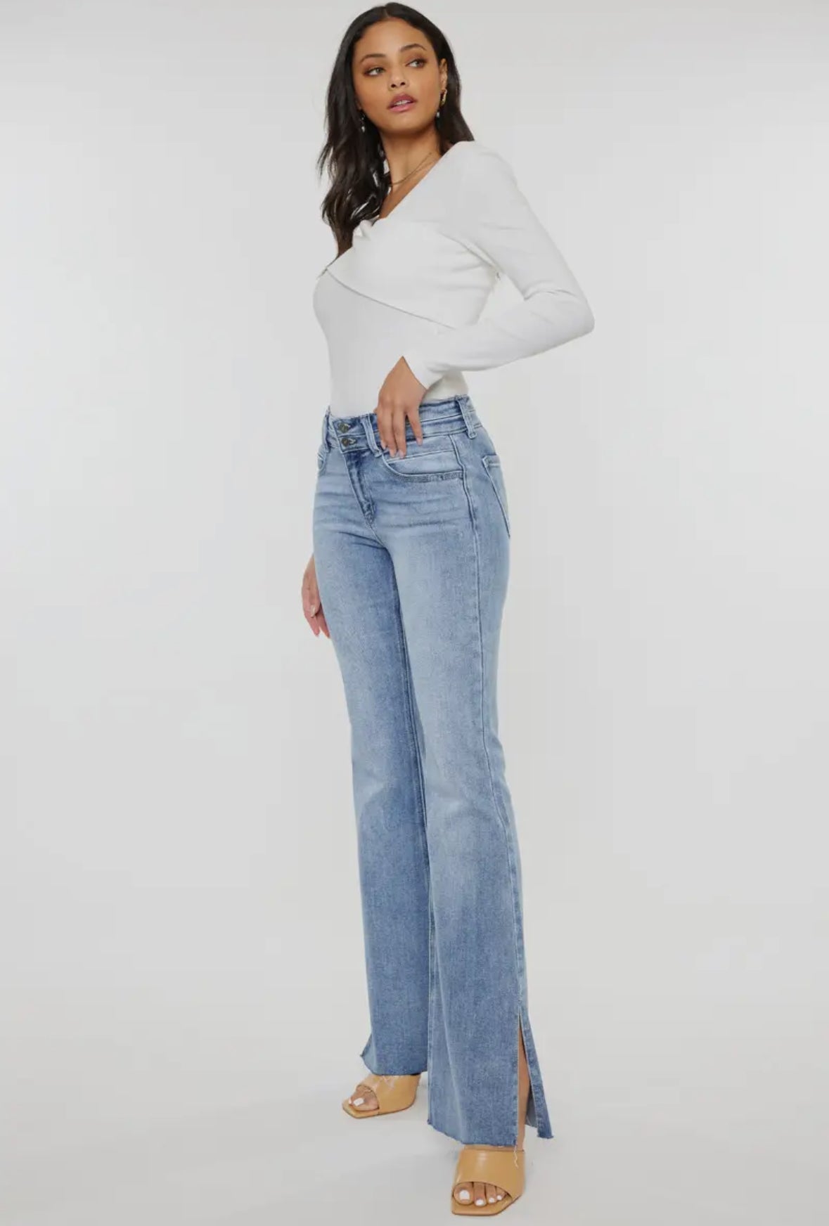 MidRise Double Waist Band Flare Jean