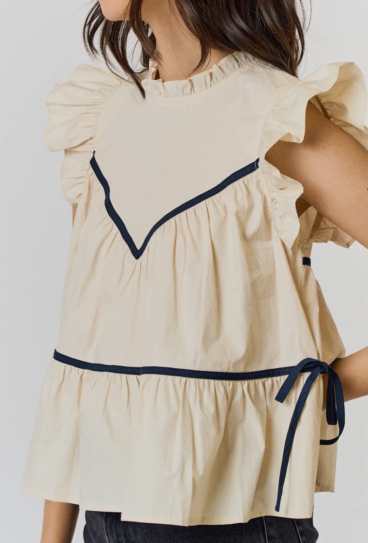 Side Tie Ruffled Cream Top