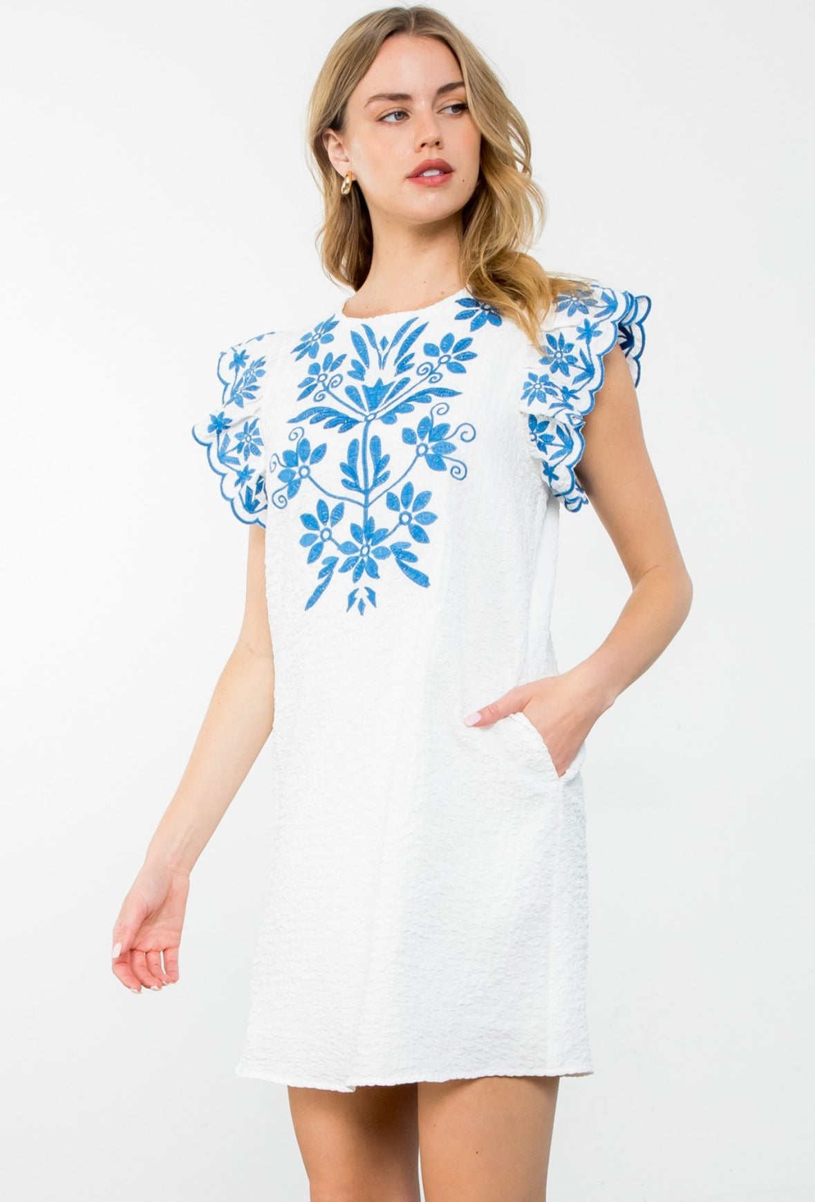 White + Blue Embroidered Dress – A Gallerie