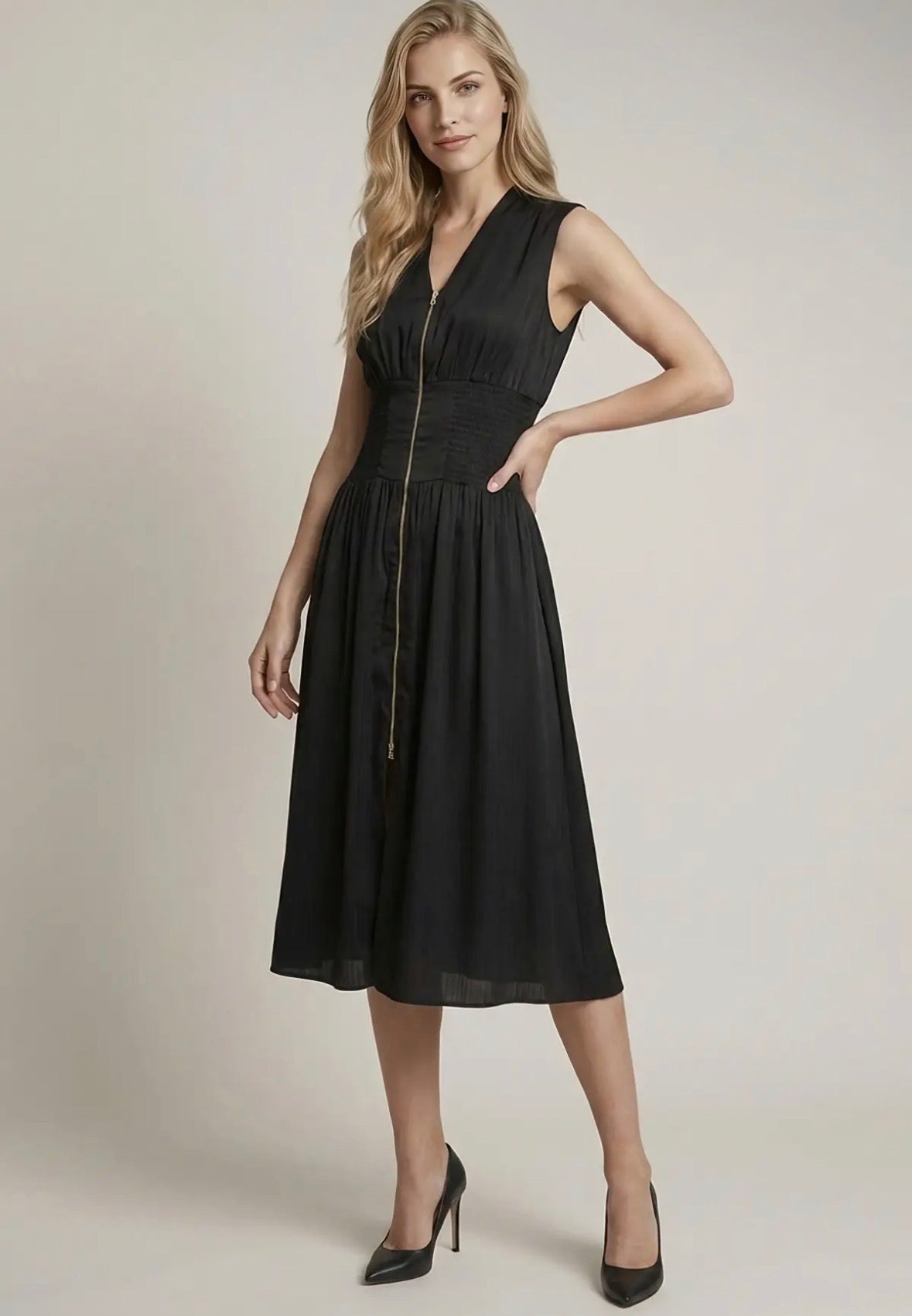 Black Smocked Waist Midi Dress