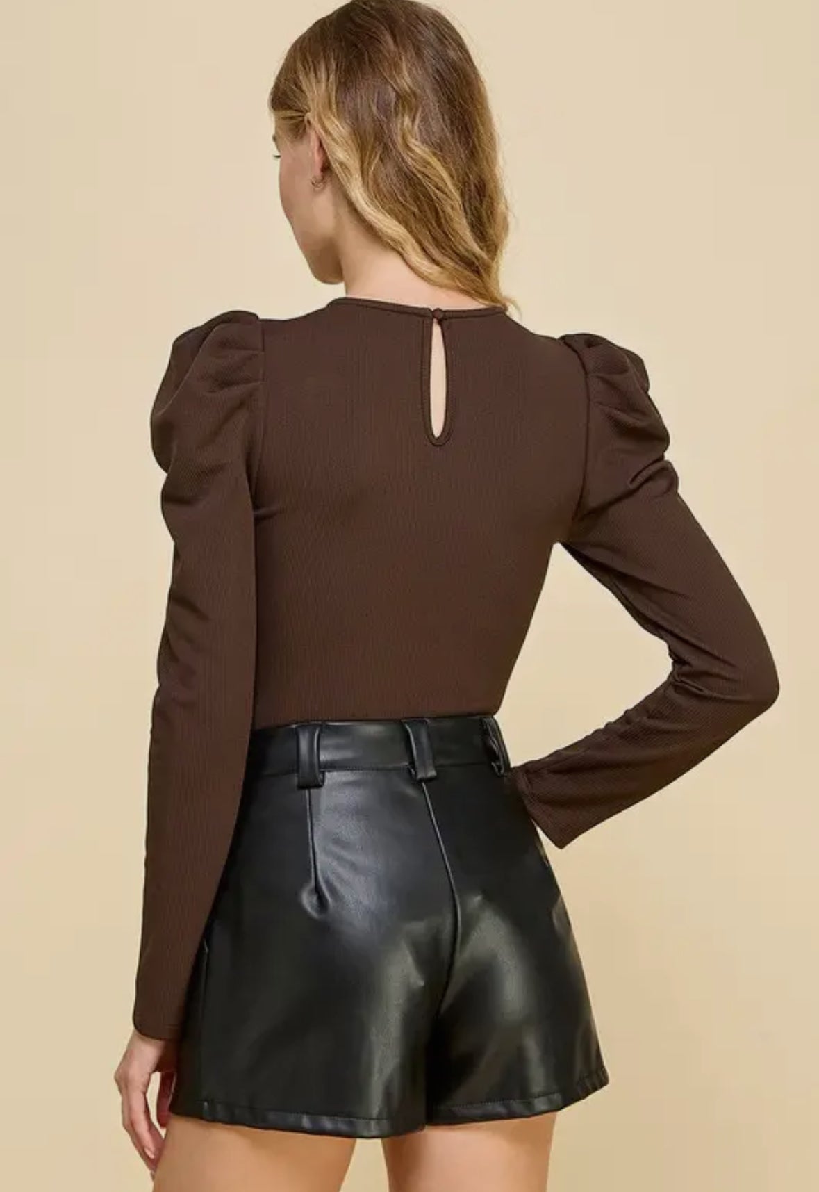Chocolate Ribbed Accent Shoulder Bodysuit