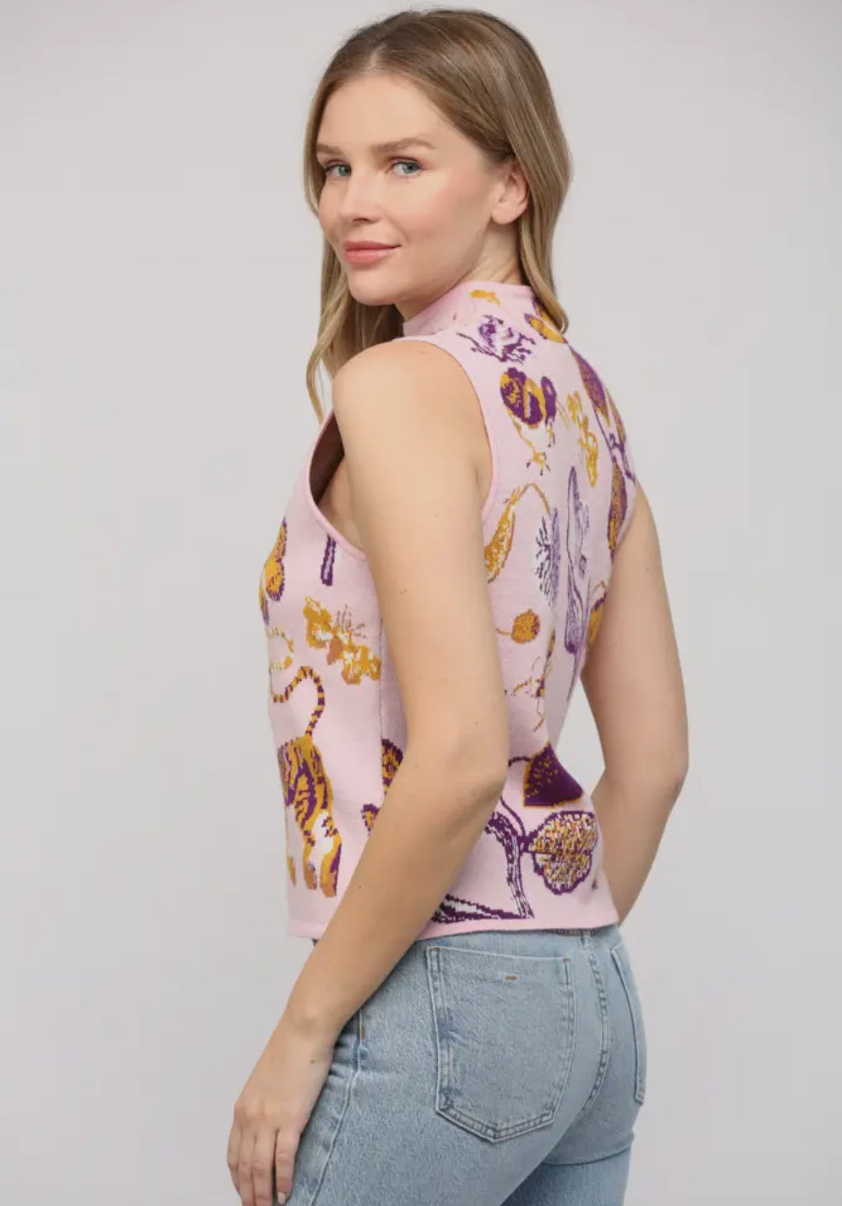 Jacquard Mock Neck Sleeveless Sweater Top