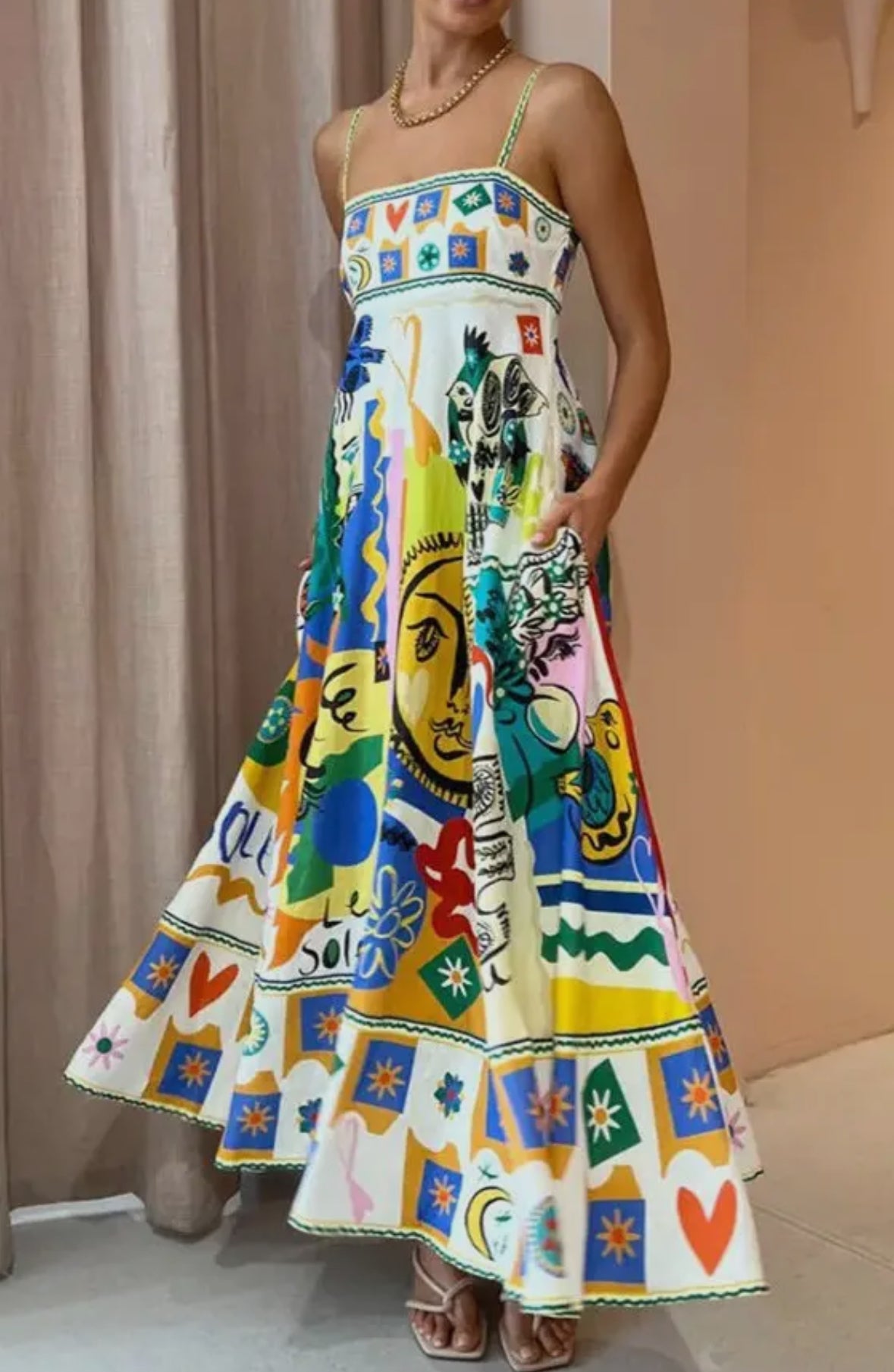 folk midi dress Umgee Folk Print Midi Dress with Side Pockets GREEN MIX / S