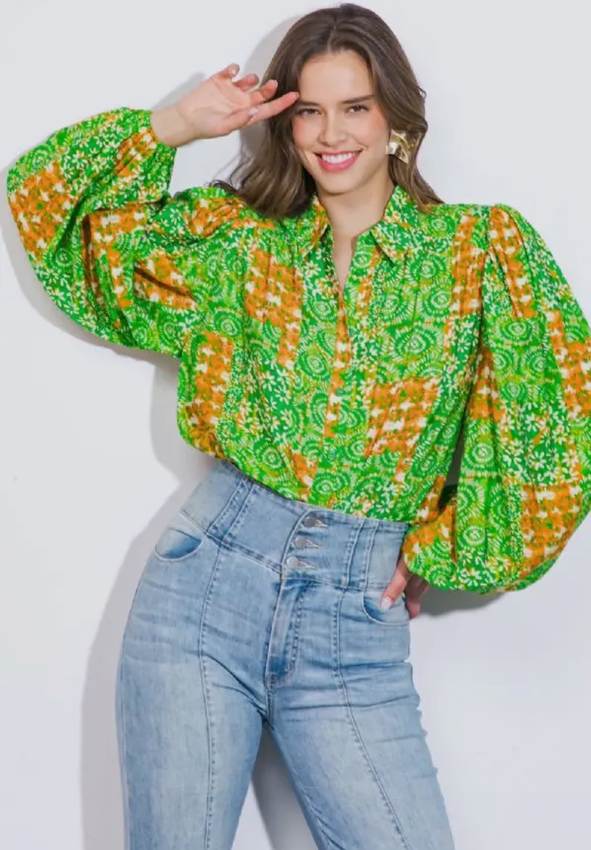 Green & Orange Woven Button Up