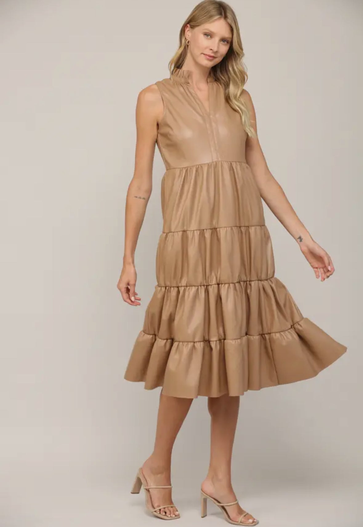 Faux Leather Tiered Midi Dress