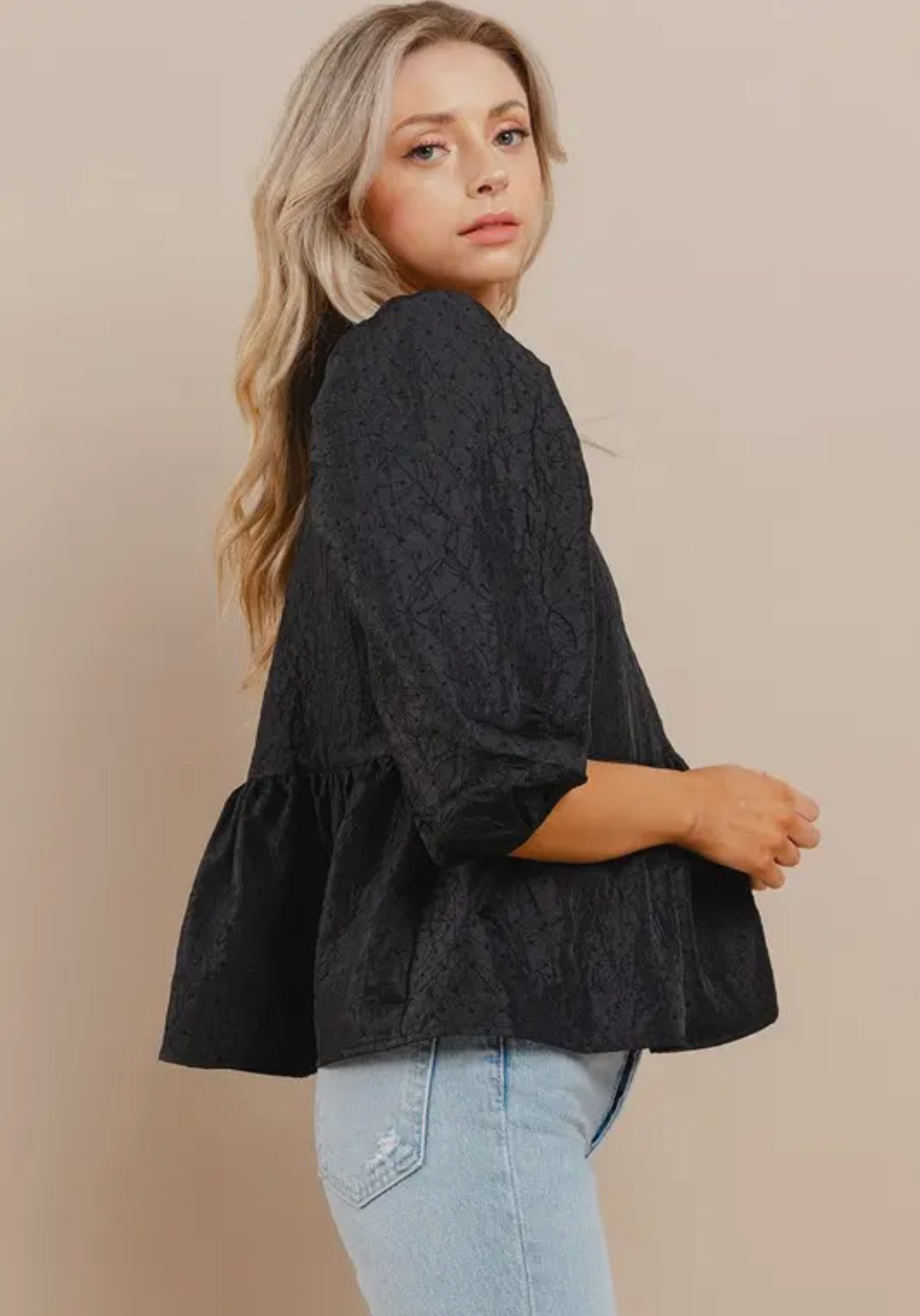 Black Textured Puff Sleeve Top