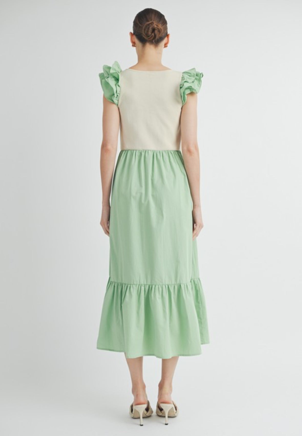 Green Knit Contrast Flutter Sleeve Dress