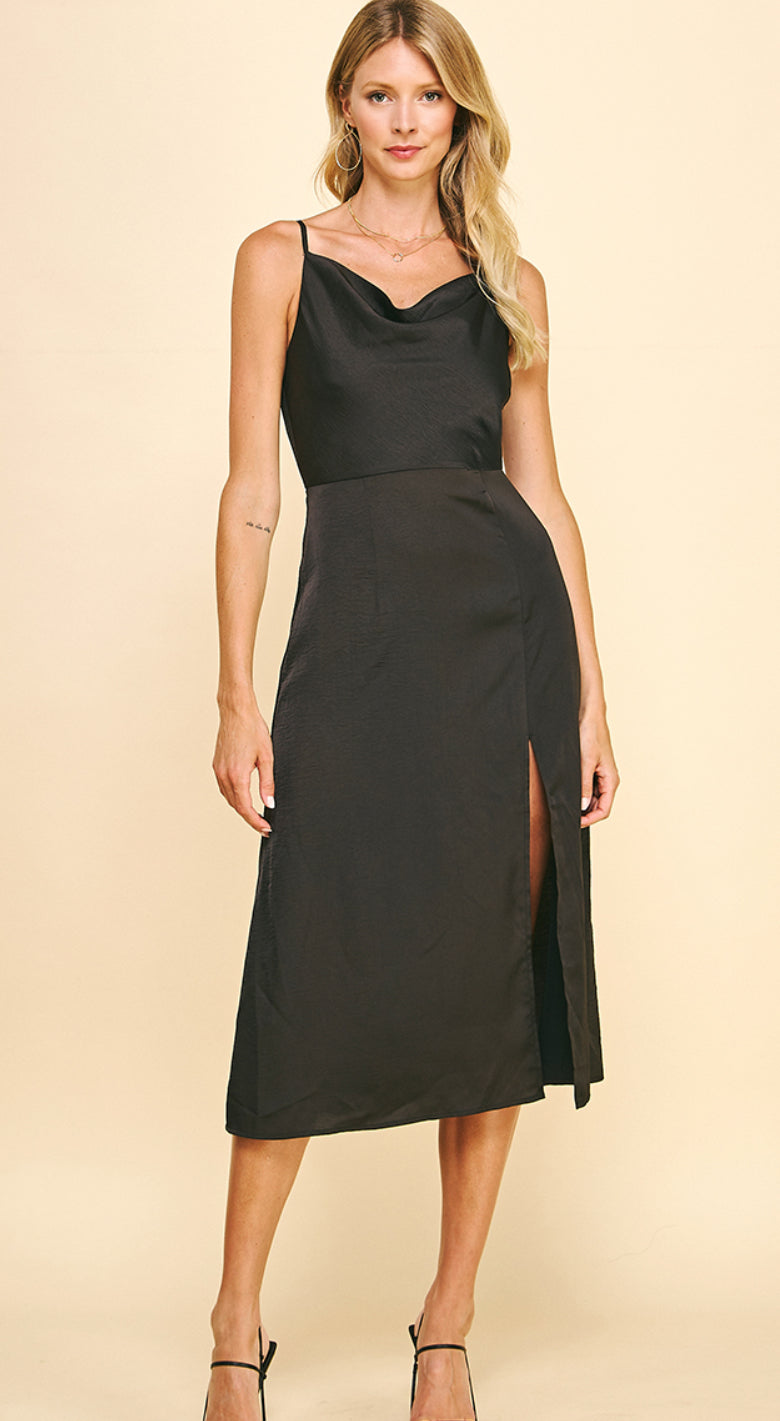 Black Cowl Neck Satin Midi Dress