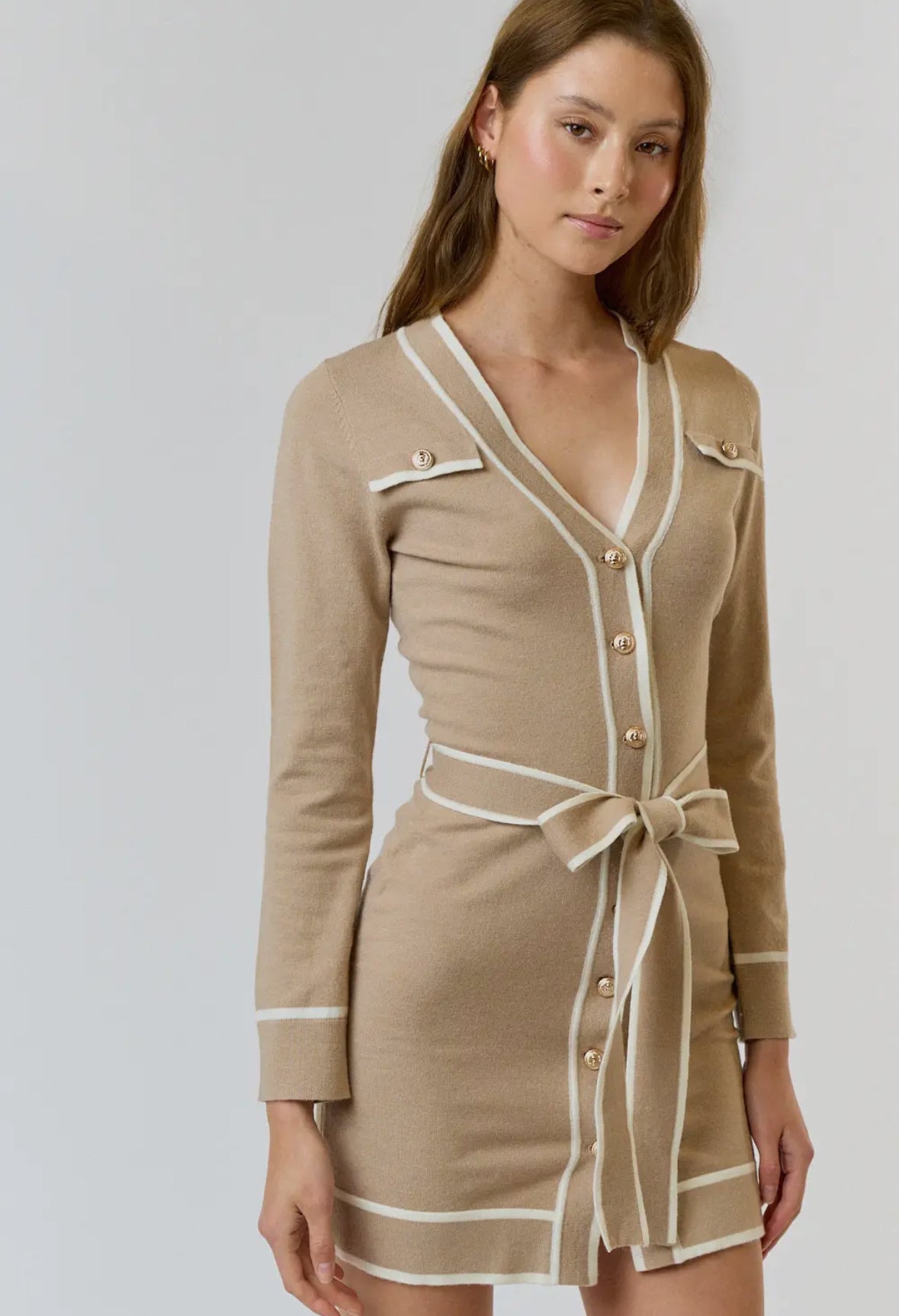 Taupe Contrast Binding Button Down Dress