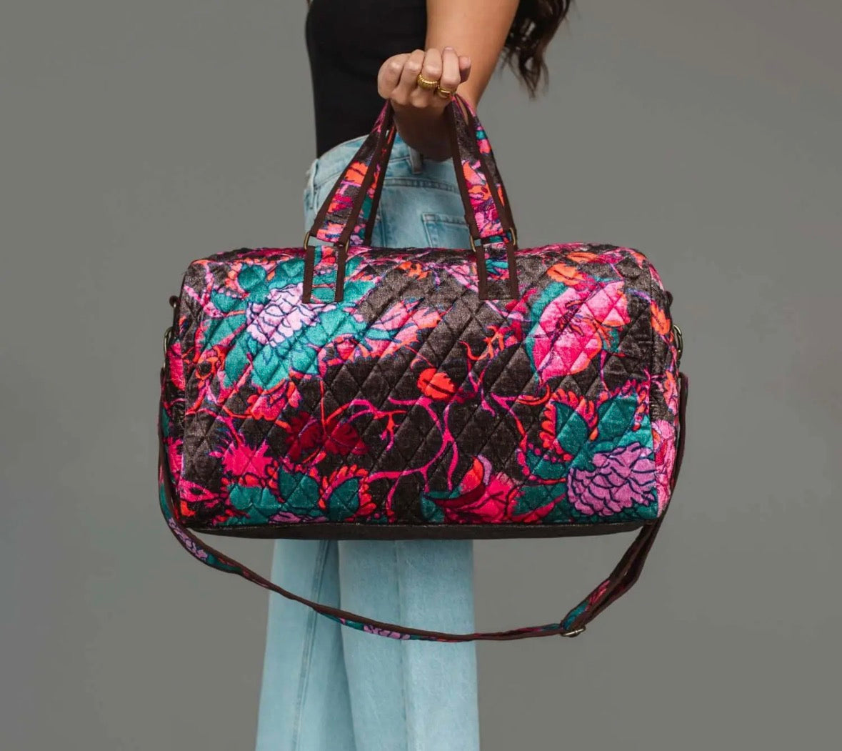 Floral Brown Contrast Duffle Bag