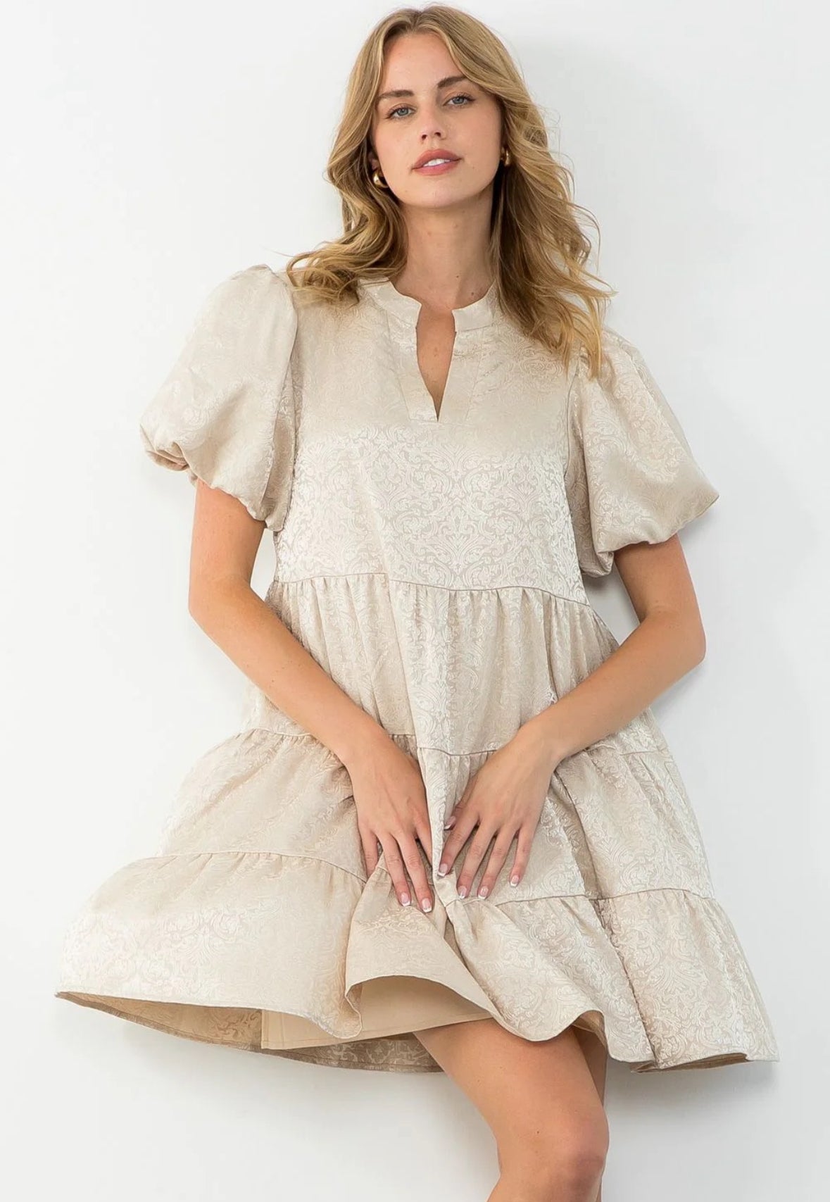 Gold Jaquard Puff Sleeve Dress