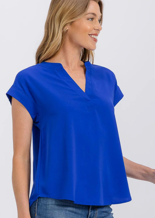 Blue Solid V Neck Top