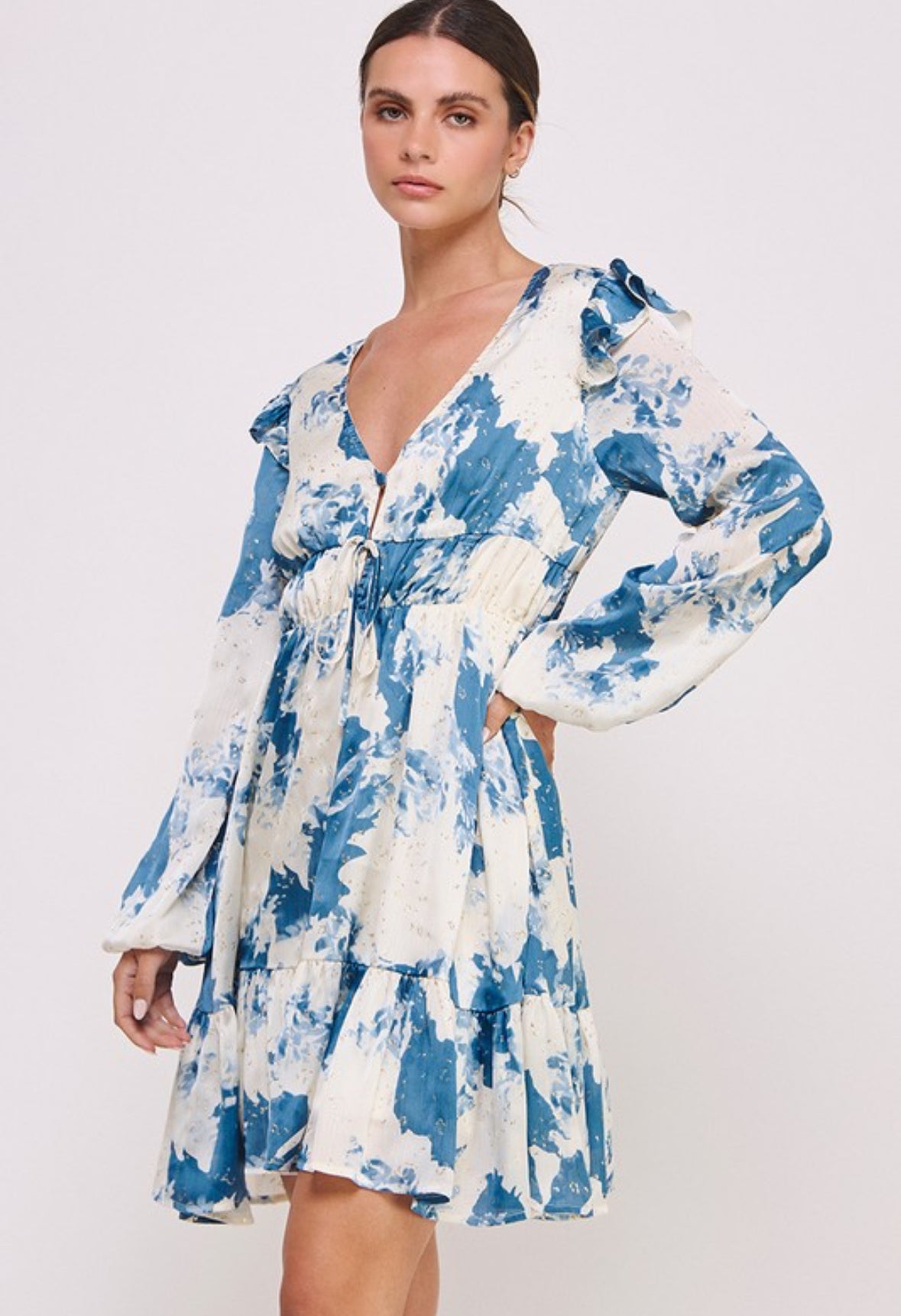 Blue Marbled + Gold Accent Silk Dress