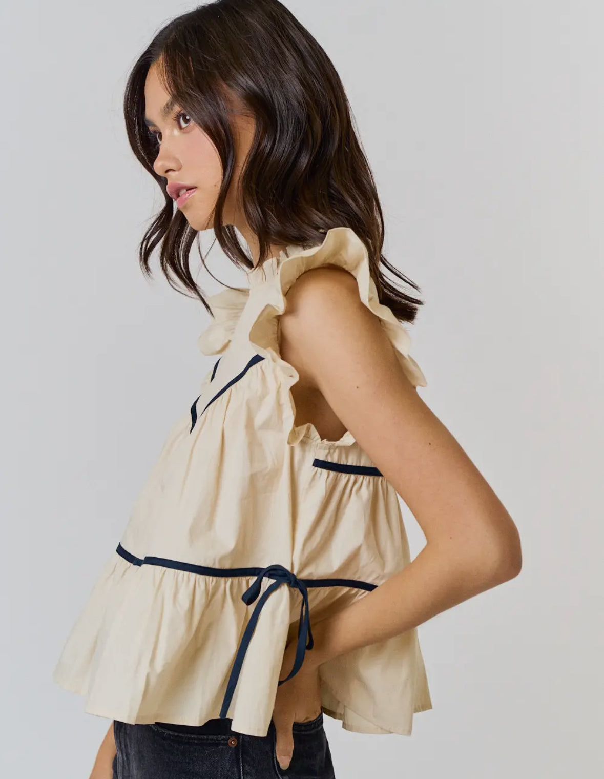 Side Tie Ruffled Cream Top