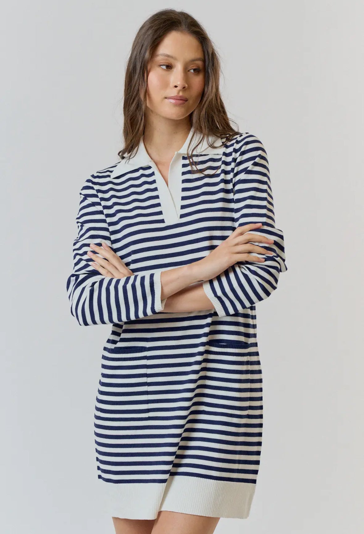 White + Navy Striped Collared Dress