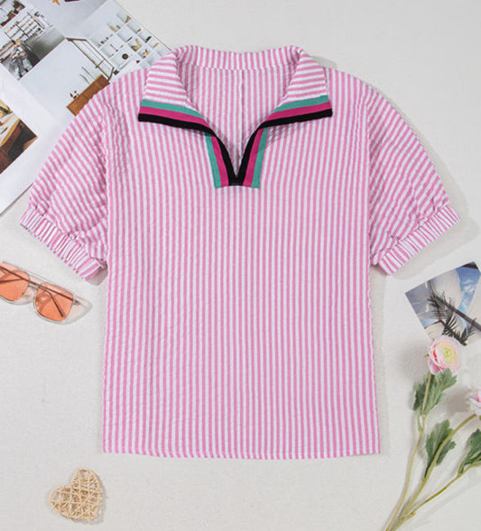 Pink Striped Contrast Collar Blouse