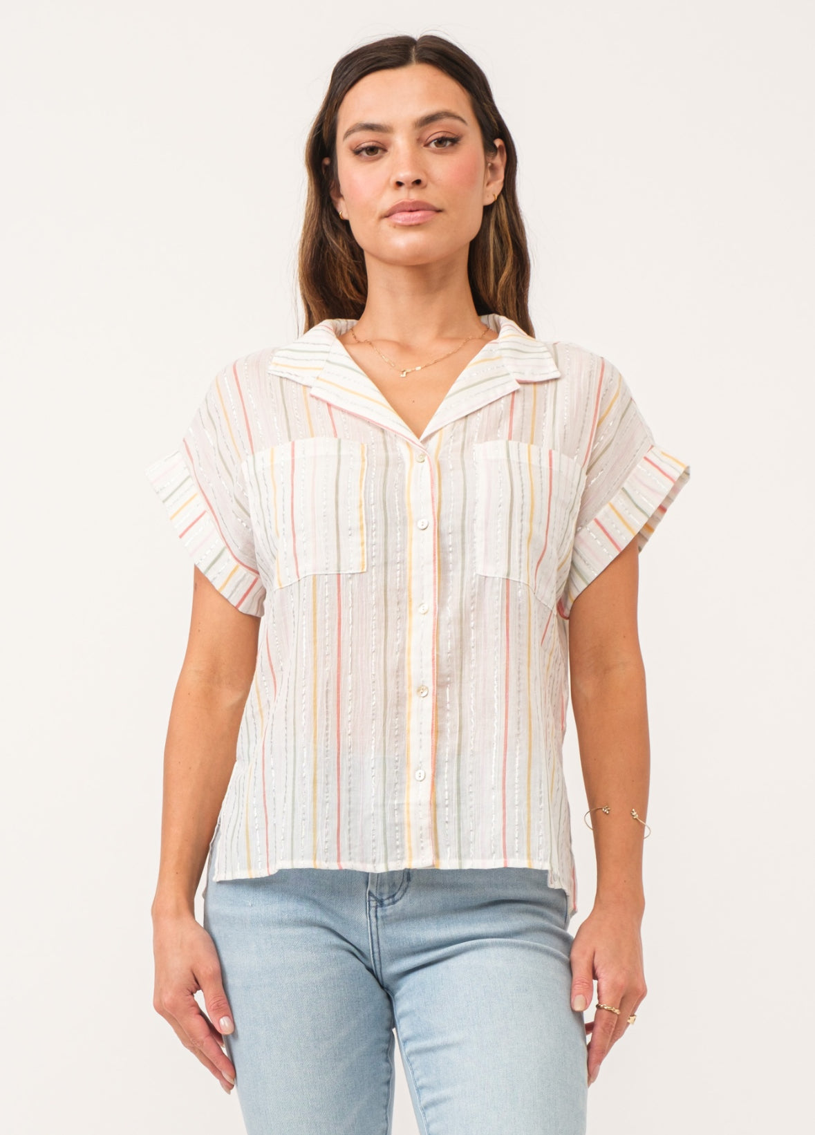 Cali Rainbow Stripe Button Down