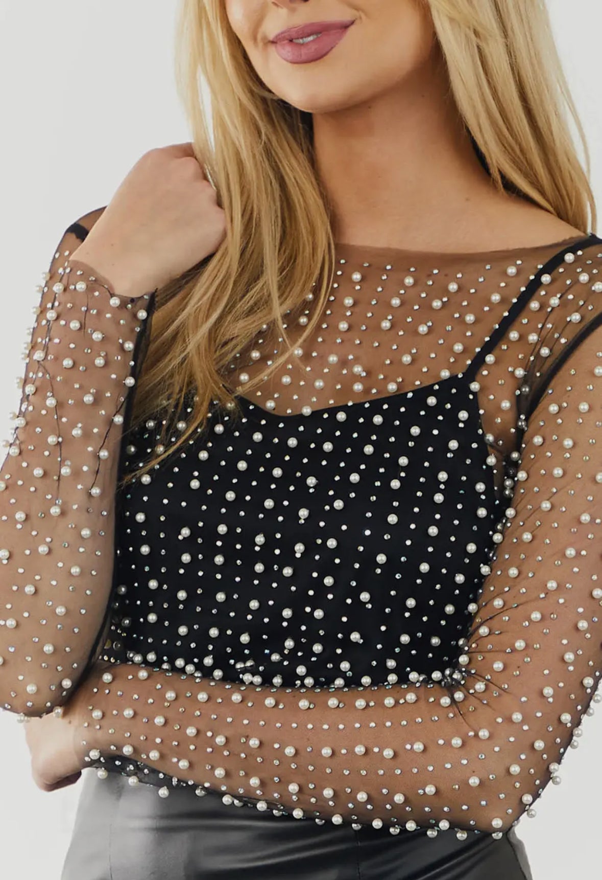 Pearl & Rhinestone Sheer Mesh Layering Top