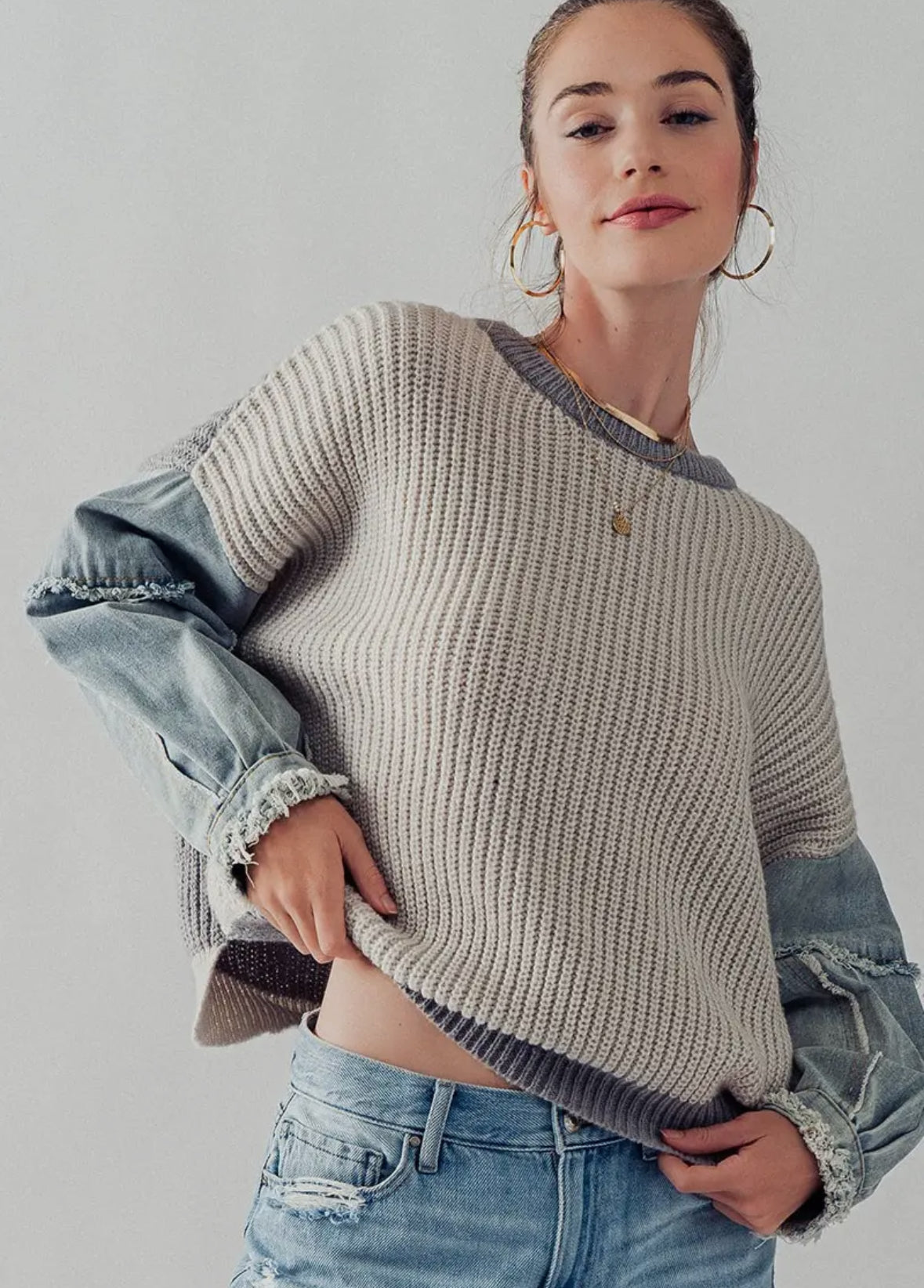 Denim Accent Sleeve Sweater