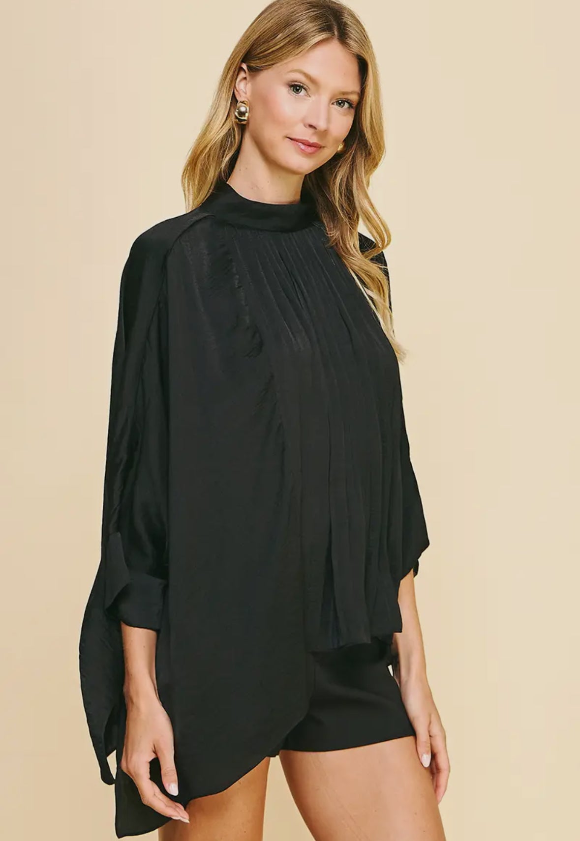Black Pleated Satin Top
