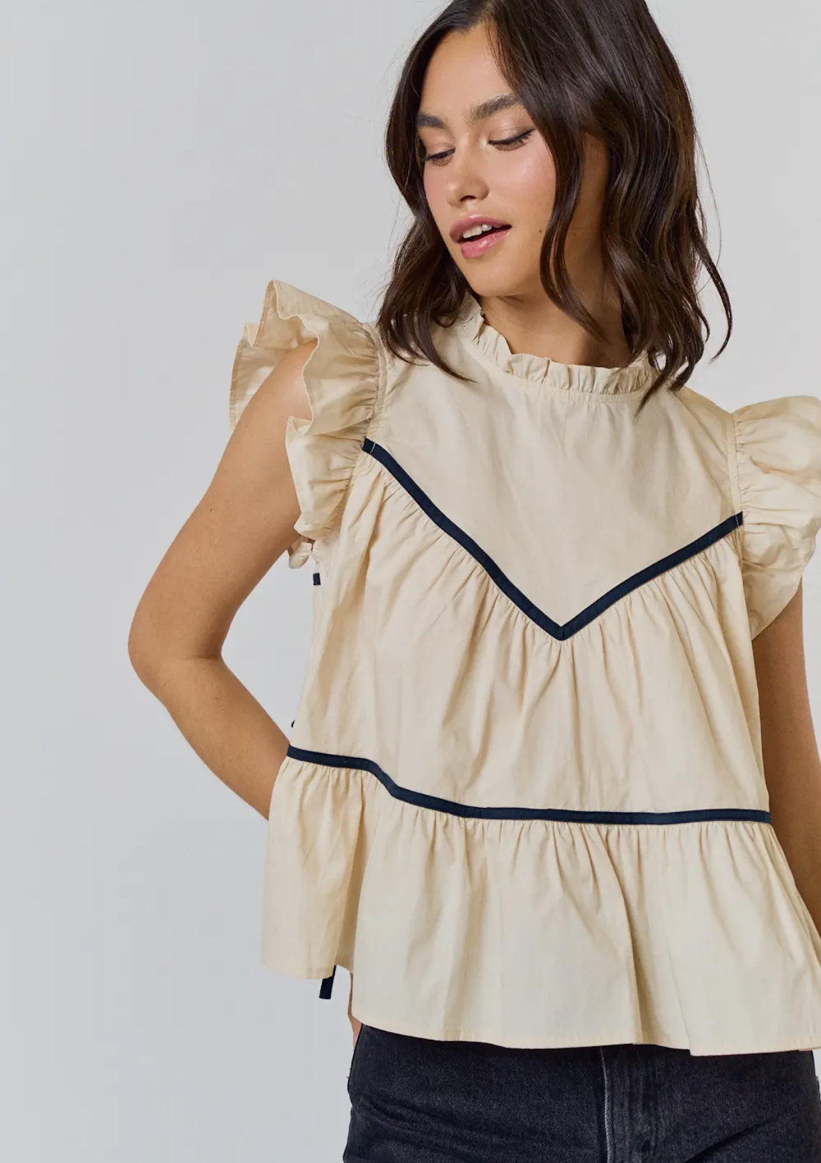Side Tie Ruffled Cream Top