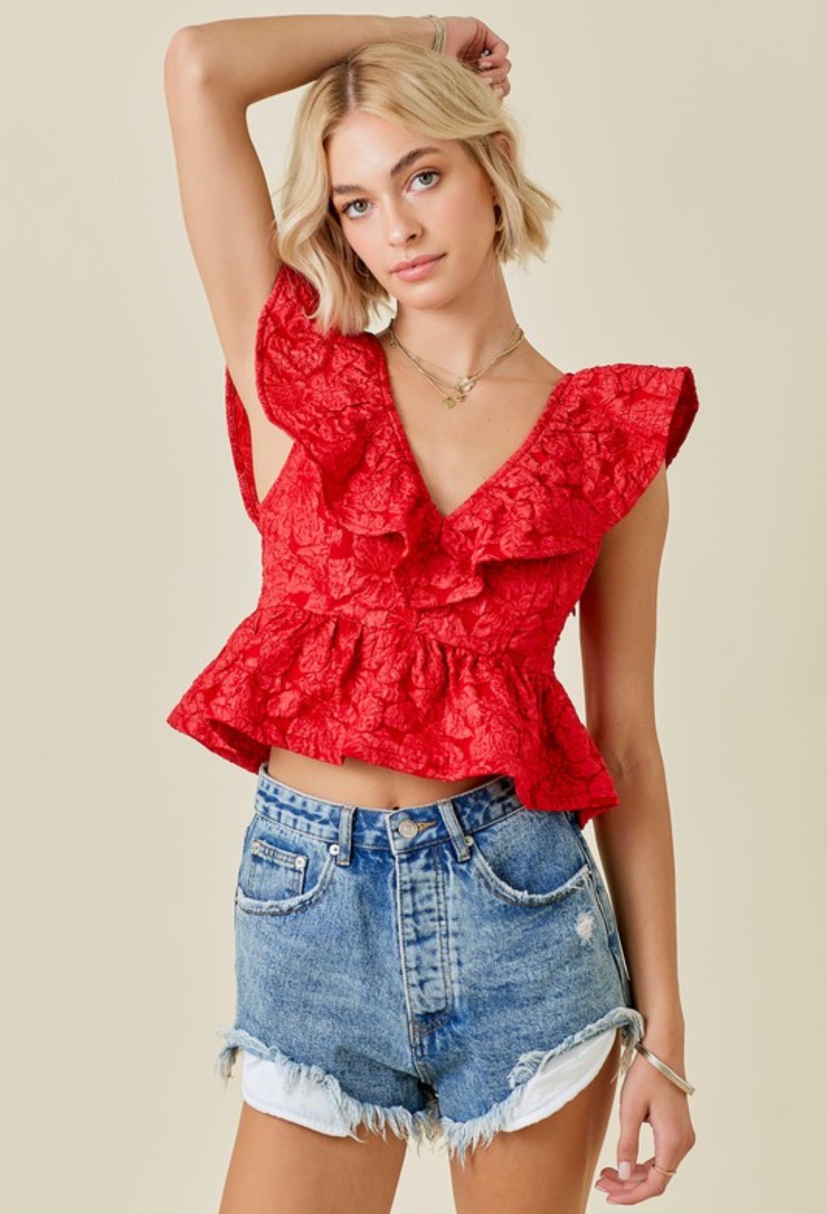 Love Red Jacquard Babydoll Top