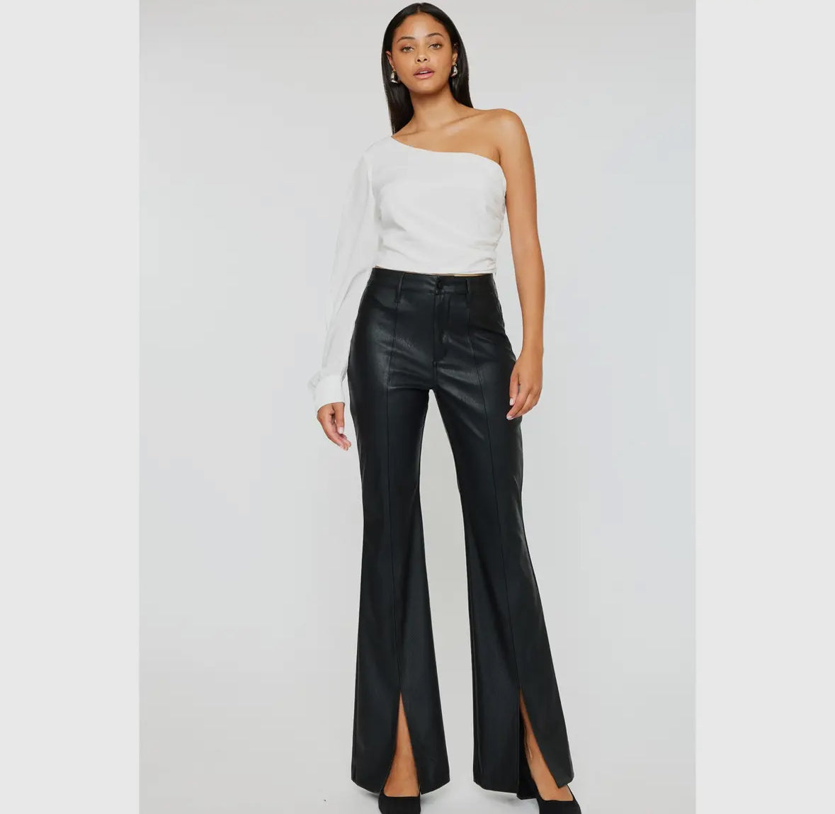 Black Faux Leather Split Front Boot Cut Jean