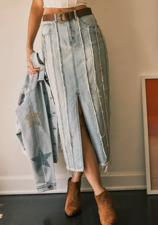 Distressed Maxi Denim Skirt