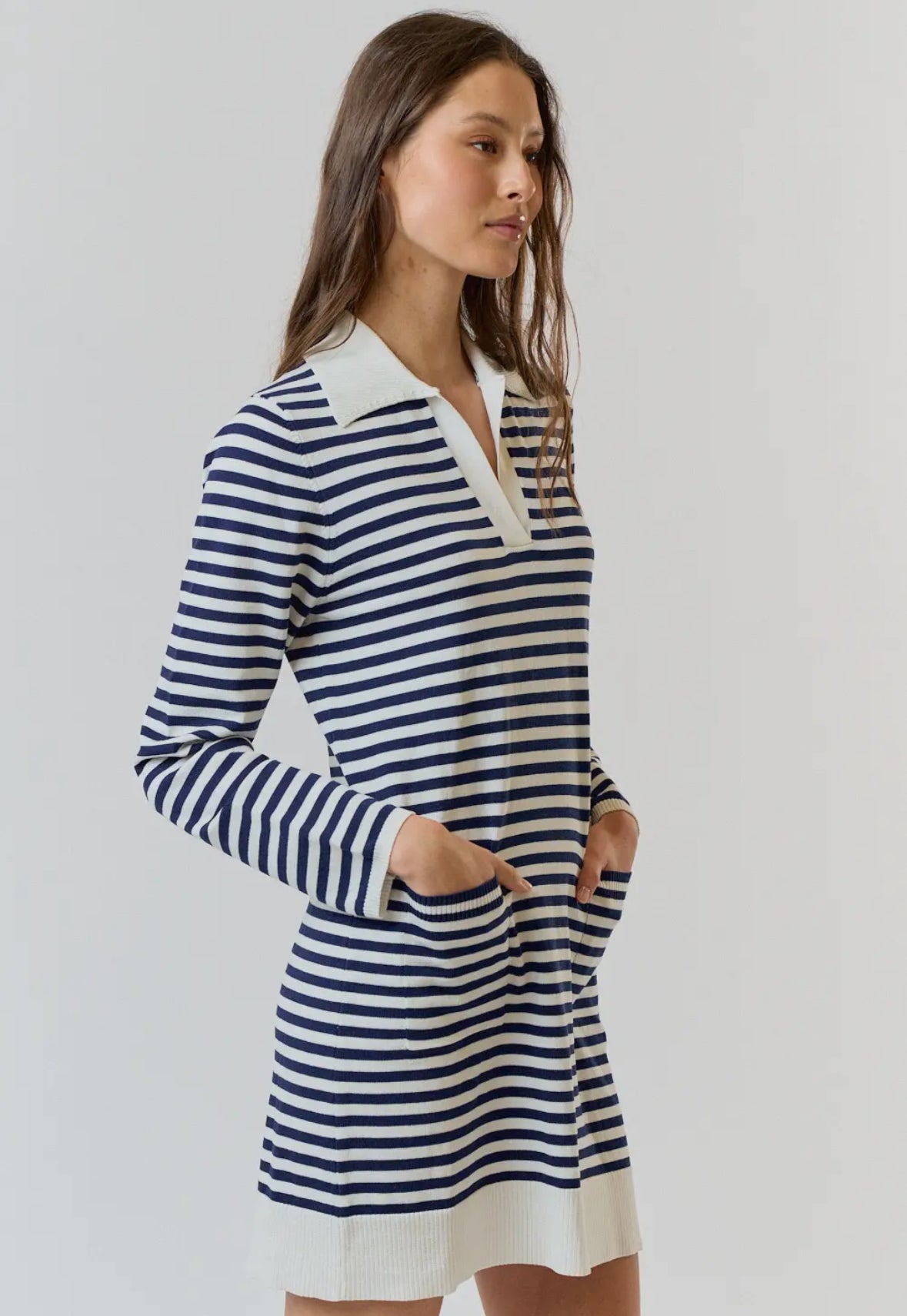 White + Navy Striped Collared Dress