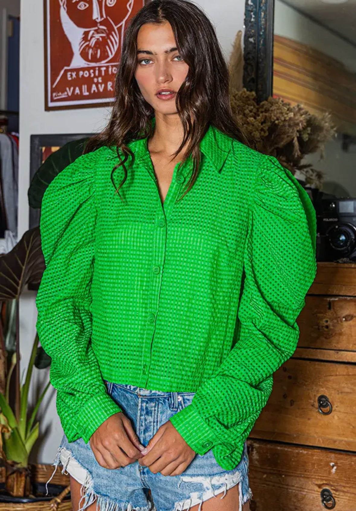 Kelly Green Sculpted Puff Blouse