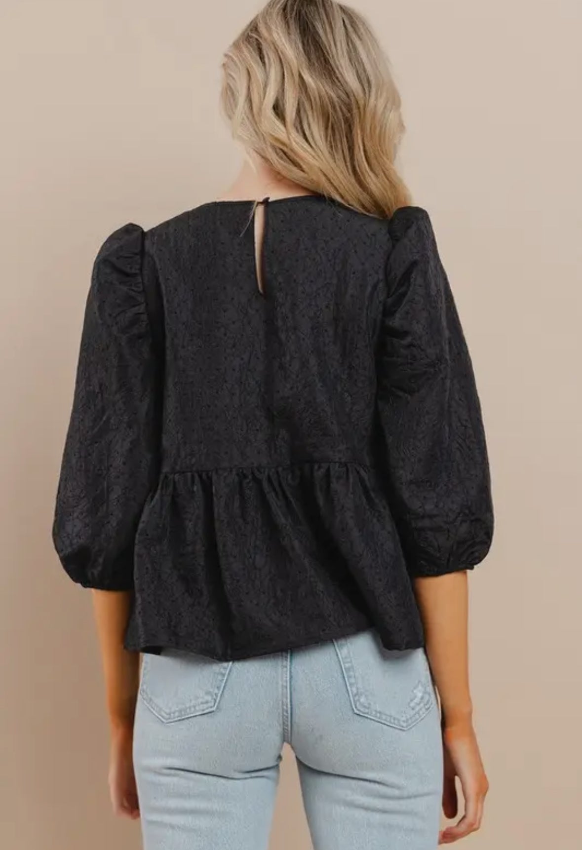 Black Textured Peplum Top