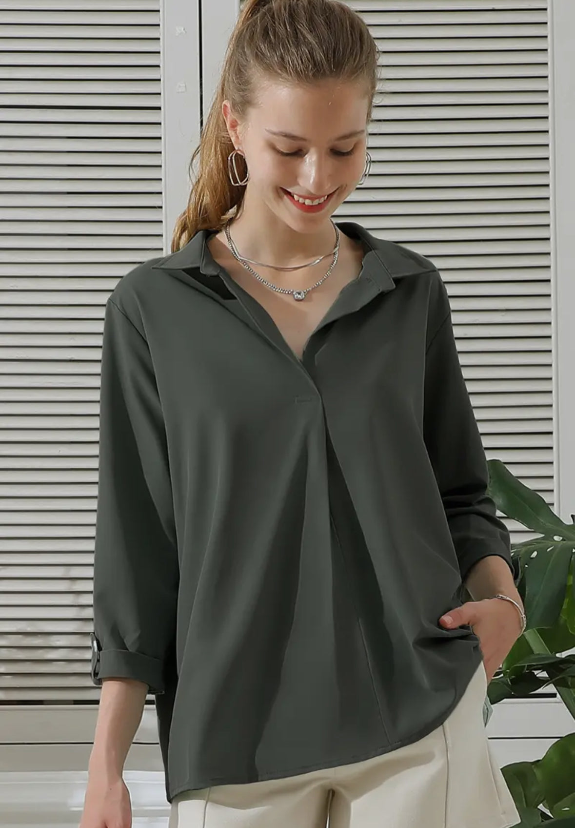 Green Gray 3/4 Sleeve Blouse