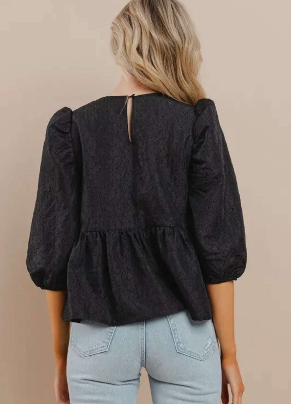 Black Textured Puff Sleeve Top