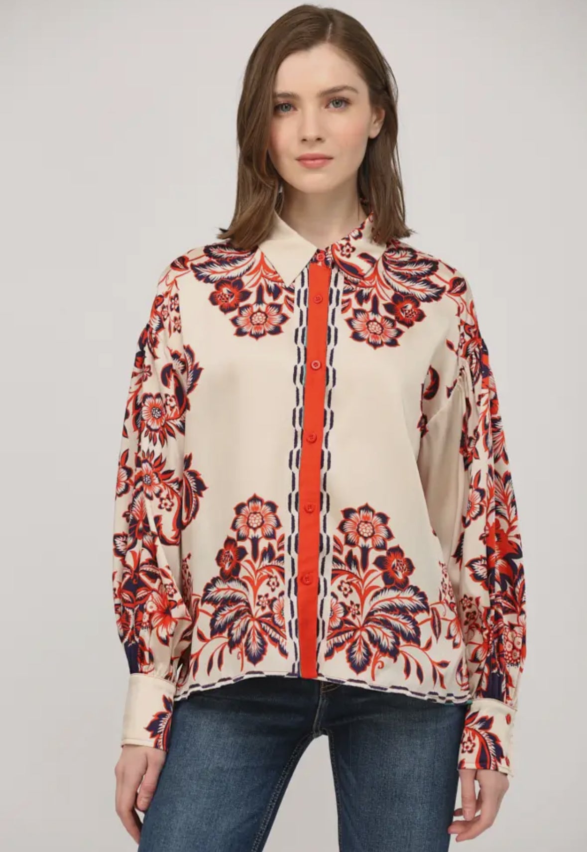 Bold Printed Satin Button Down
