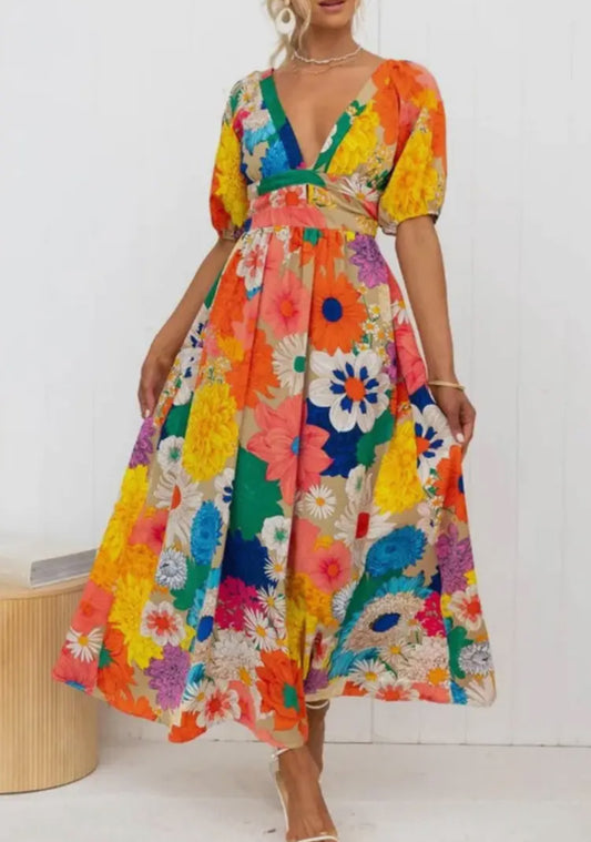 Multi Floral Plunge Neck Maxi Dress