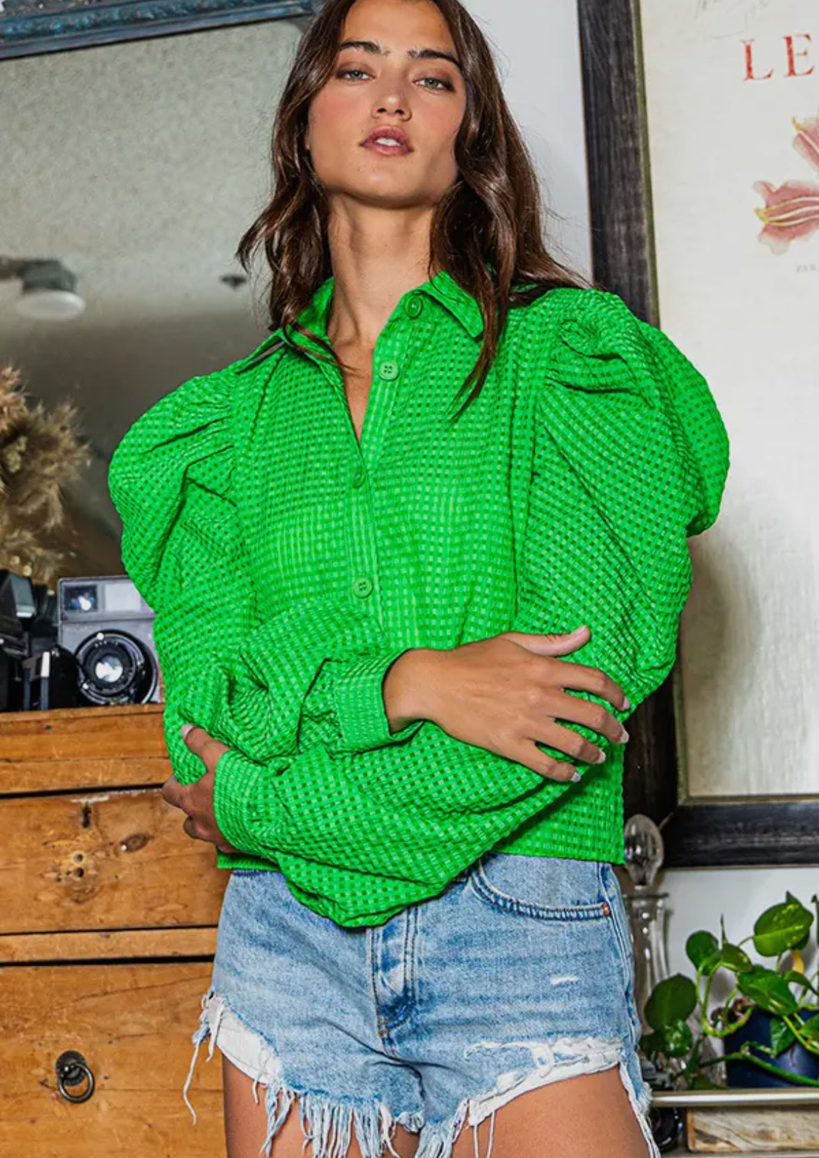 Kelly Green Sculpted Puff Blouse