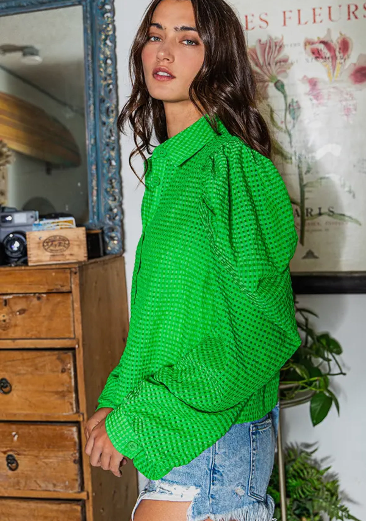 Kelly Green Sculpted Puff Blouse