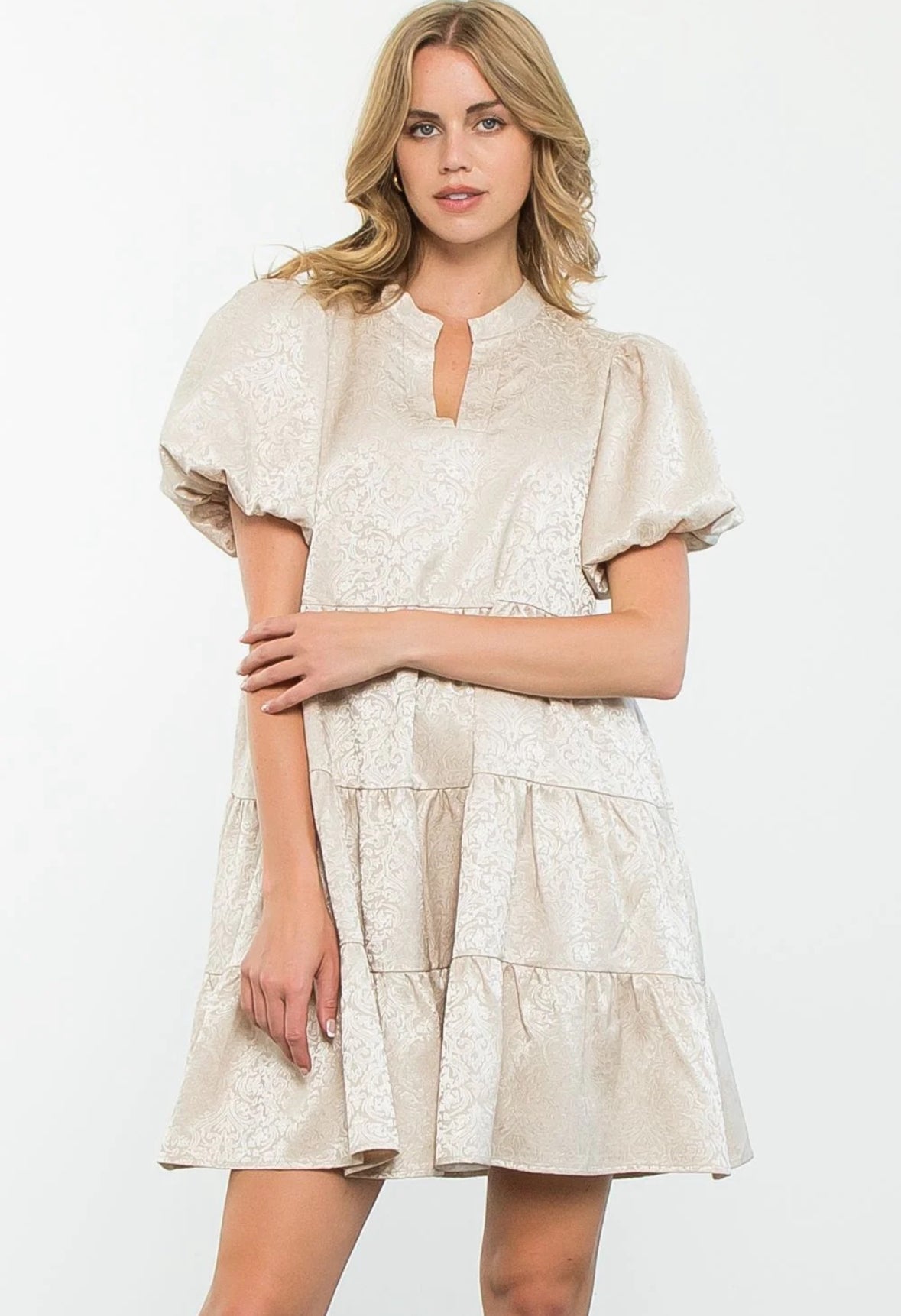Gold Jaquard Puff Sleeve Dress