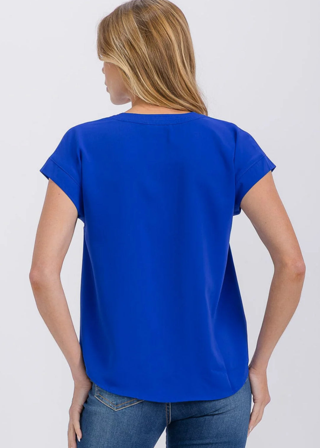 Blue Solid V Neck Top