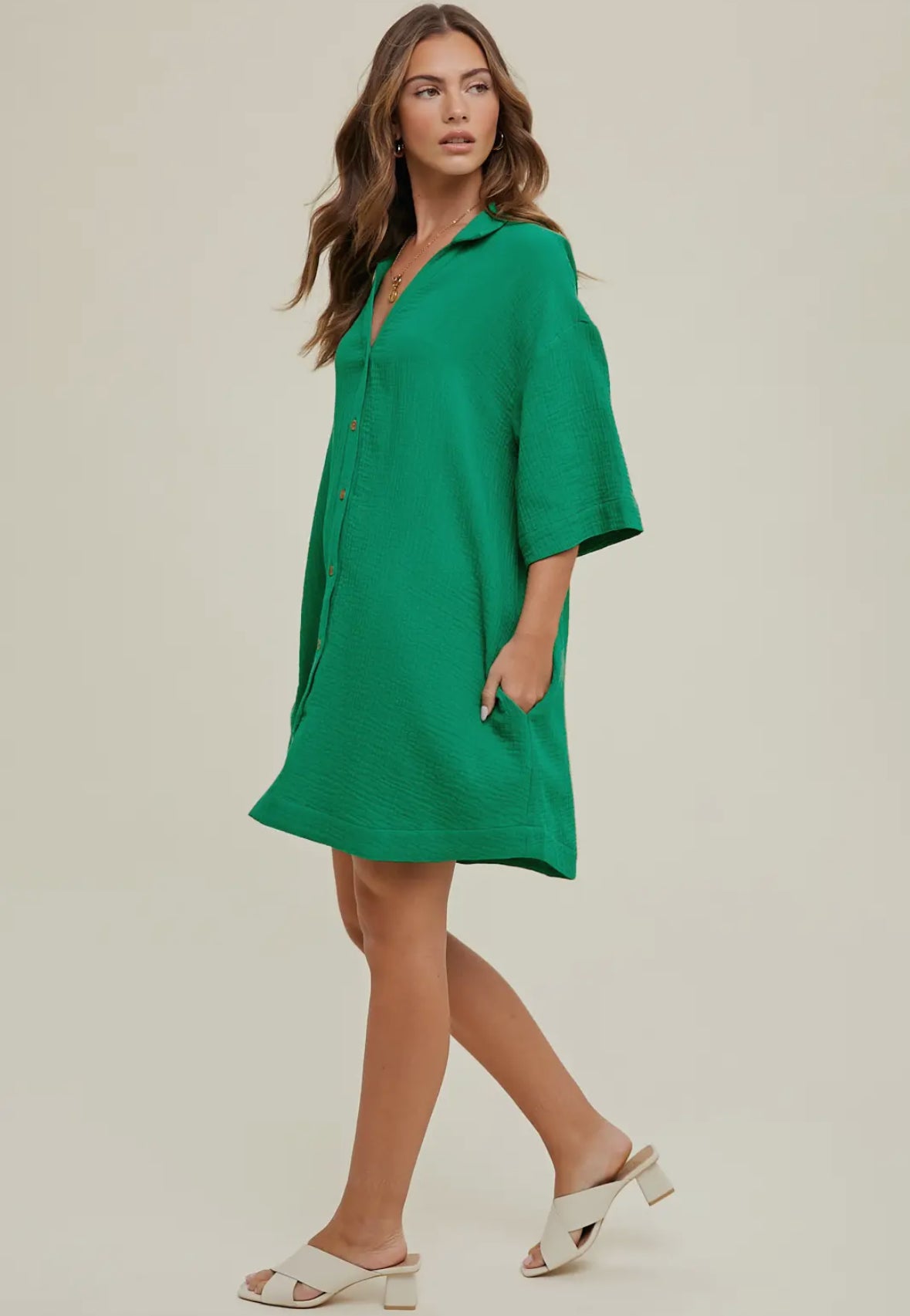Green Gauze Button Up Dress