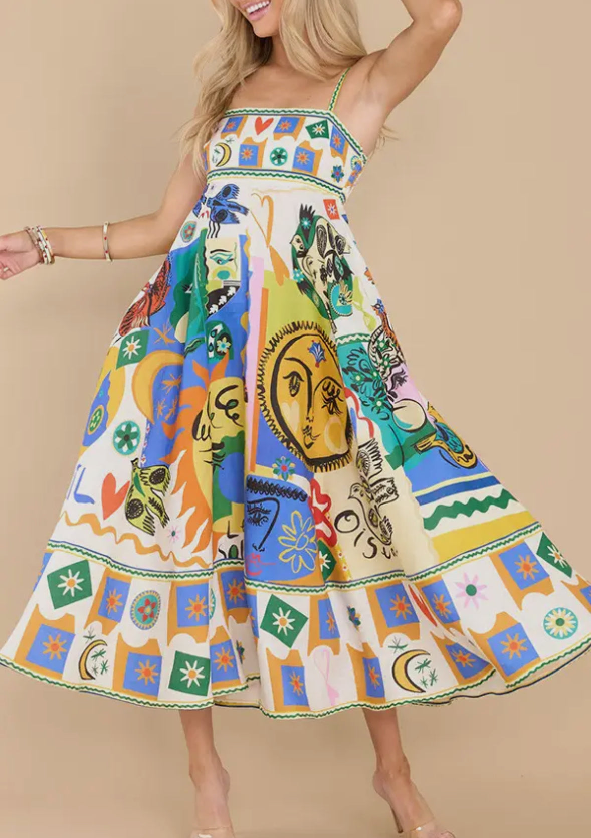 Folk Print Midi Dress