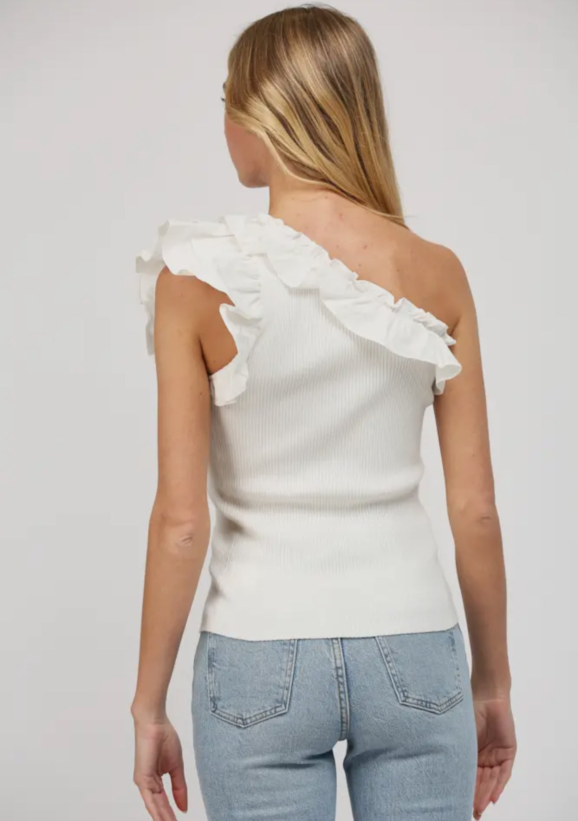 Ruffle Detail One Shoulder Ribbed Top