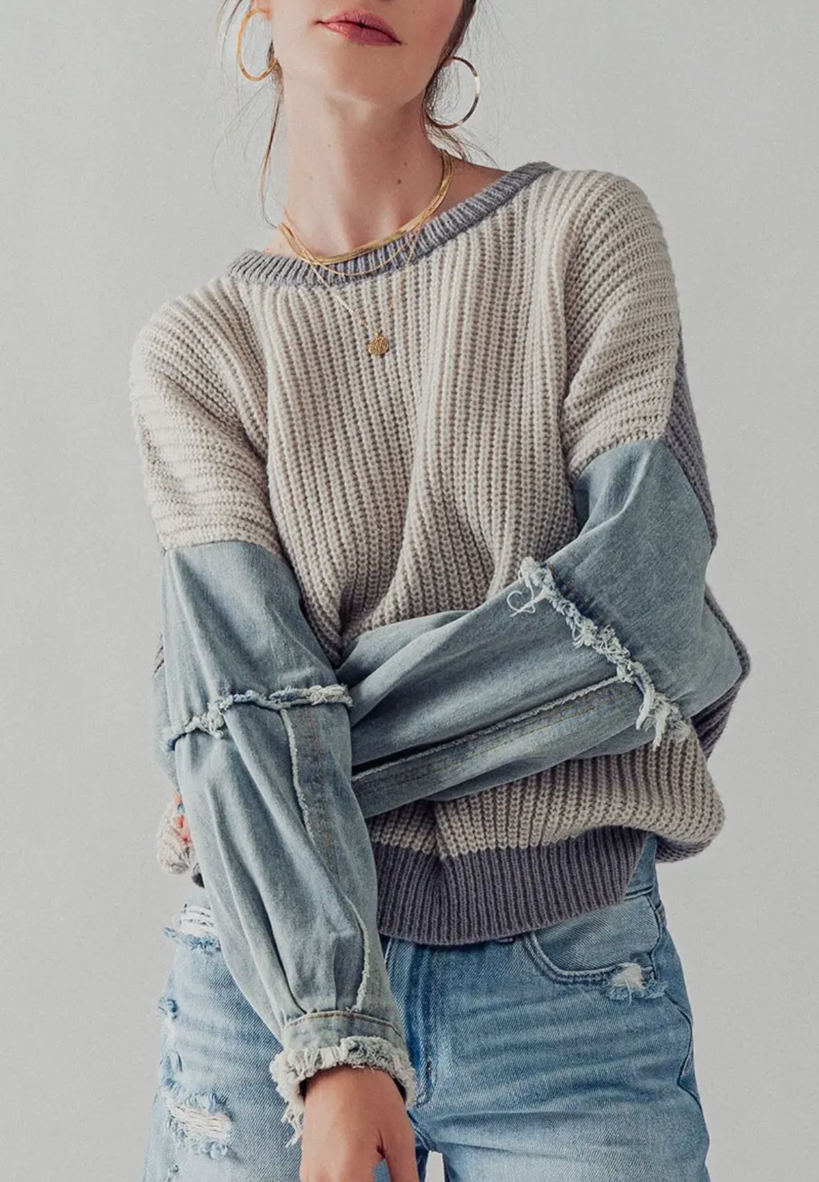 Denim Accent Sleeve Sweater
