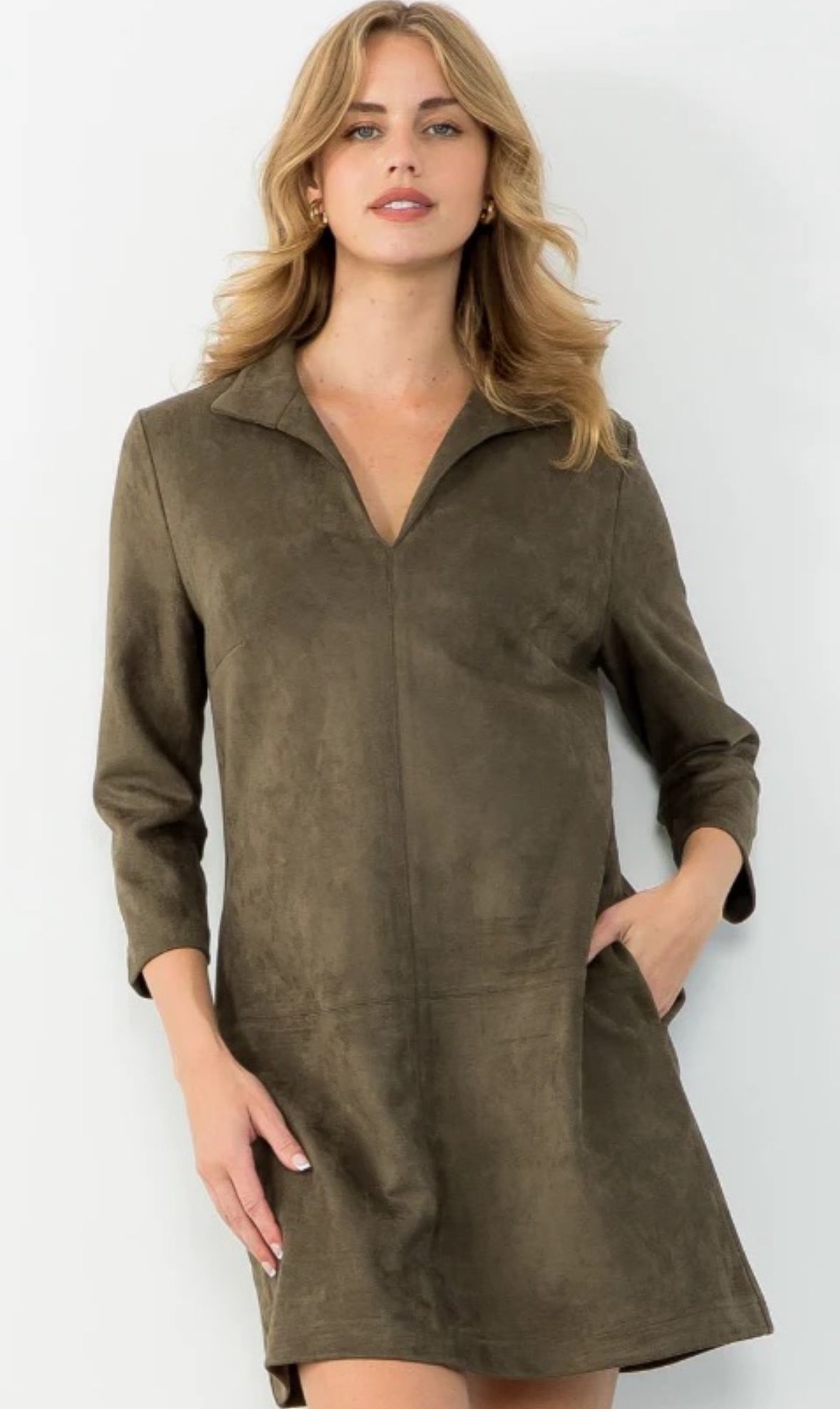 Olive Long Sleeve Suede Dress
