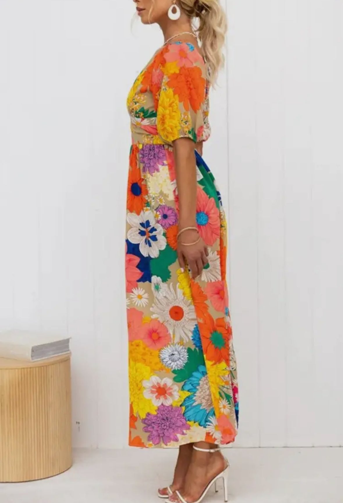 Multi Floral Plunge Neck Maxi Dress